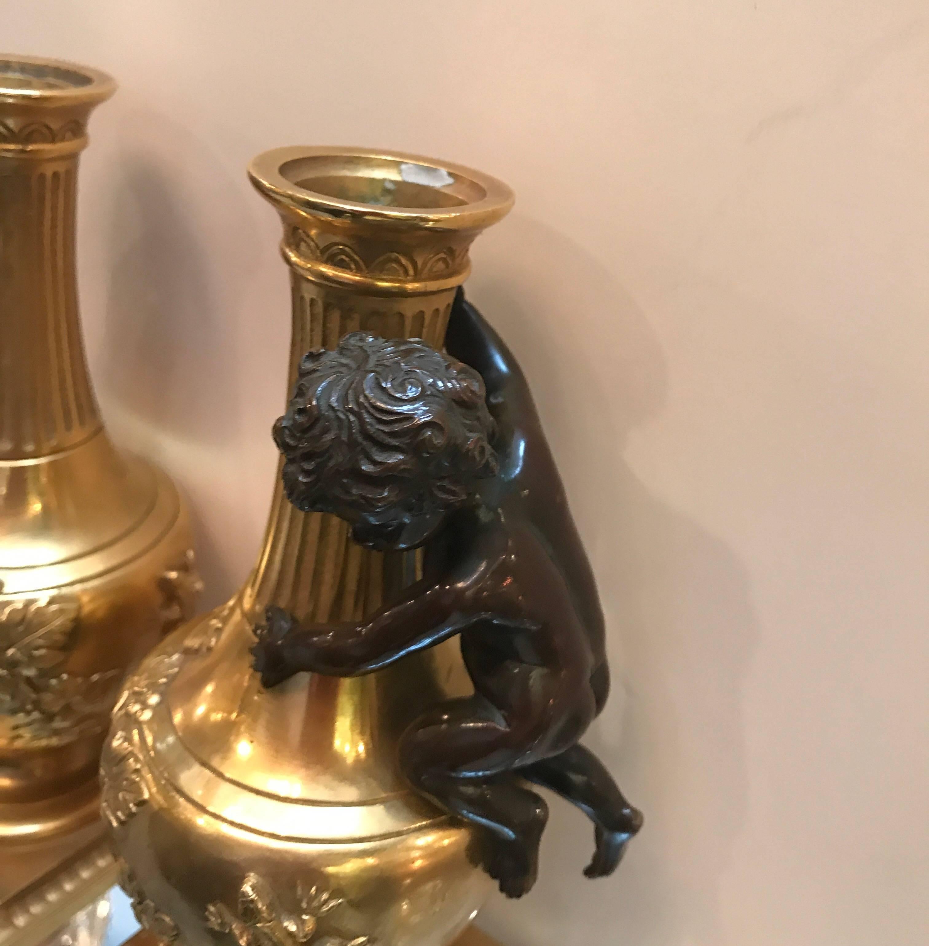 Diminutive Pair of French Gilt and Patinated Bronze Urns 2