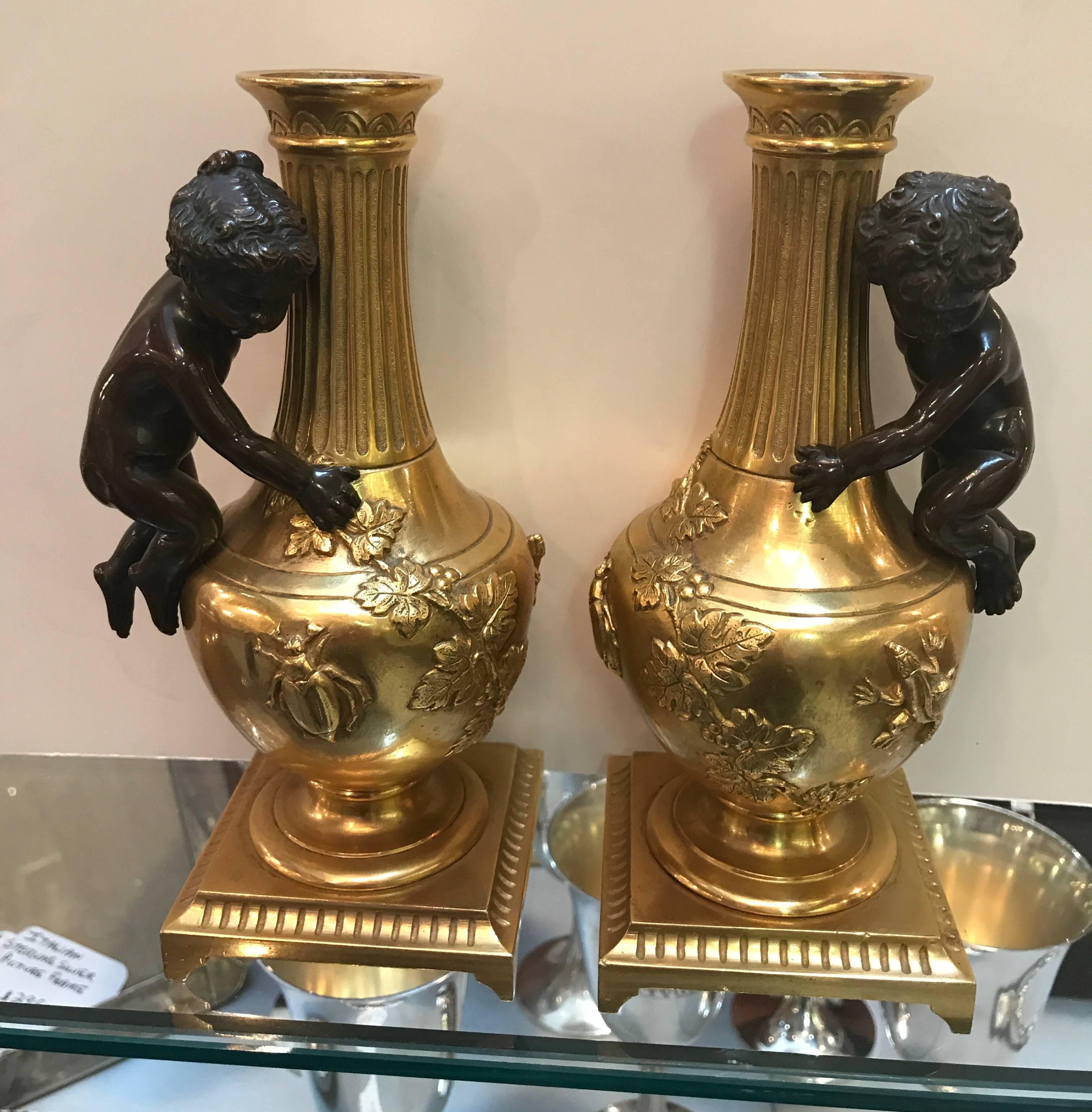 Diminutive Pair of French Gilt and Patinated Bronze Urns 3