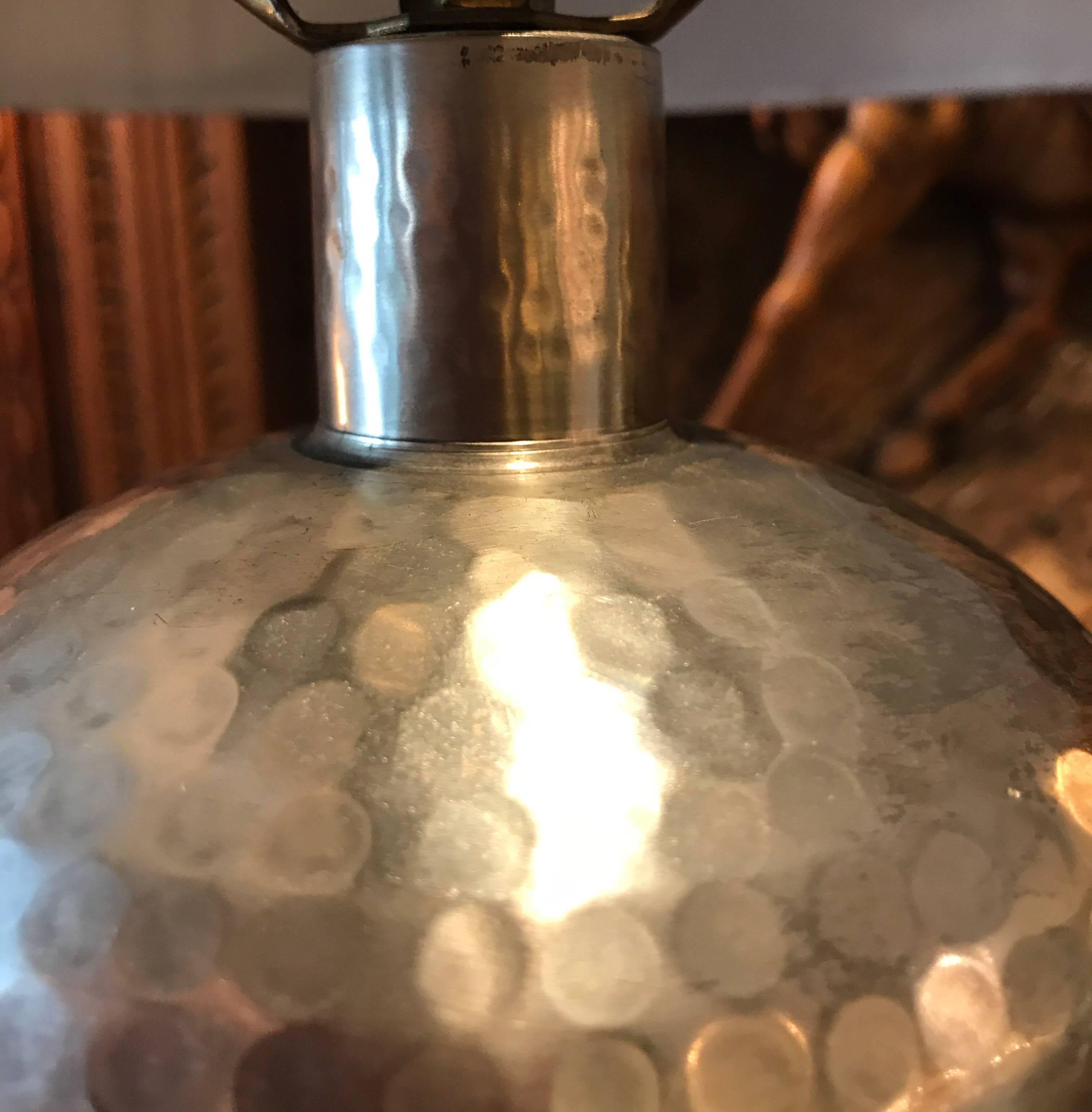 Pair of Silvered Metal Hand-Hammered Lamps In Excellent Condition In Lambertville, NJ