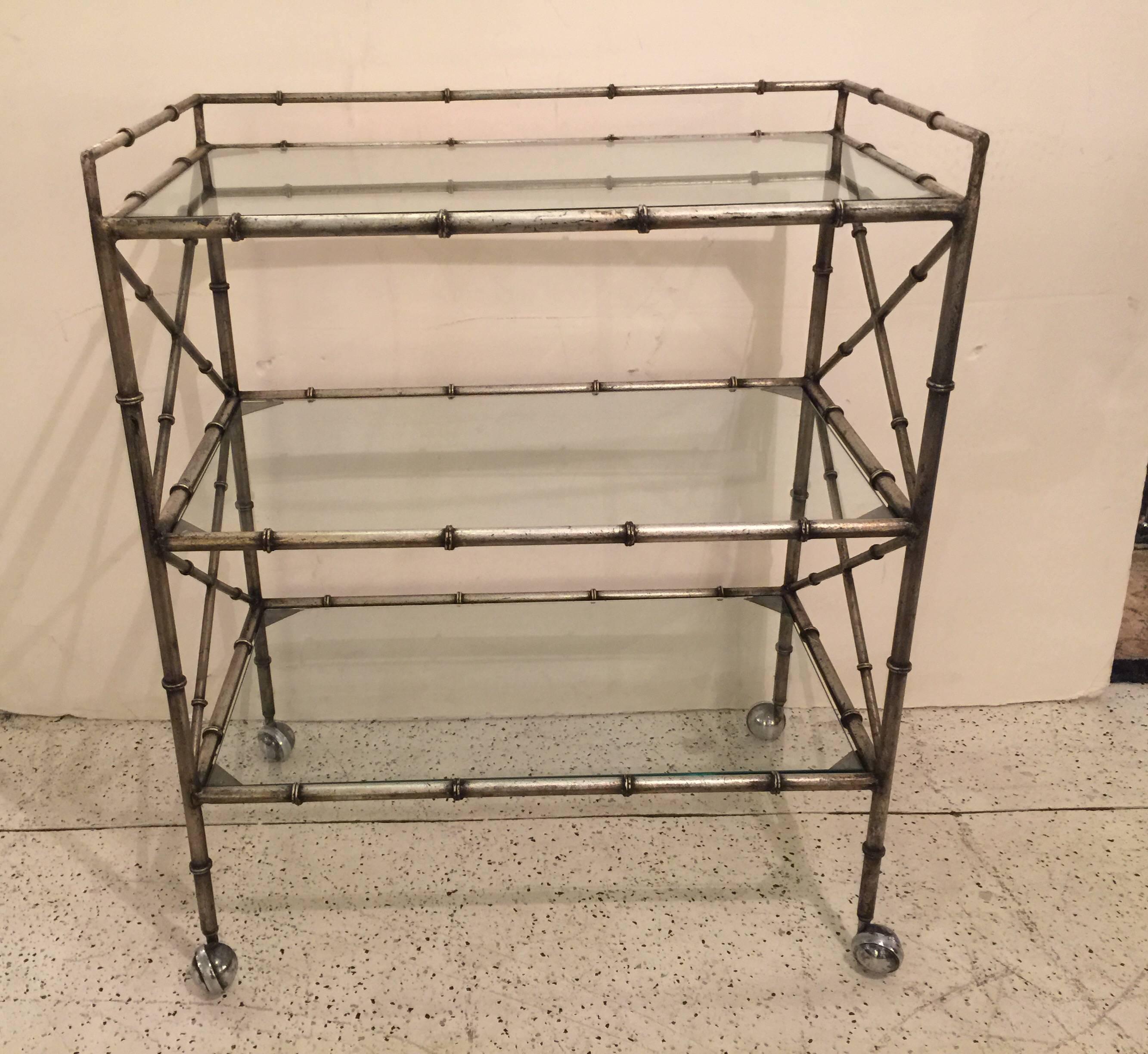 American Midcentury Solid Iron Silvered Beverage Cart