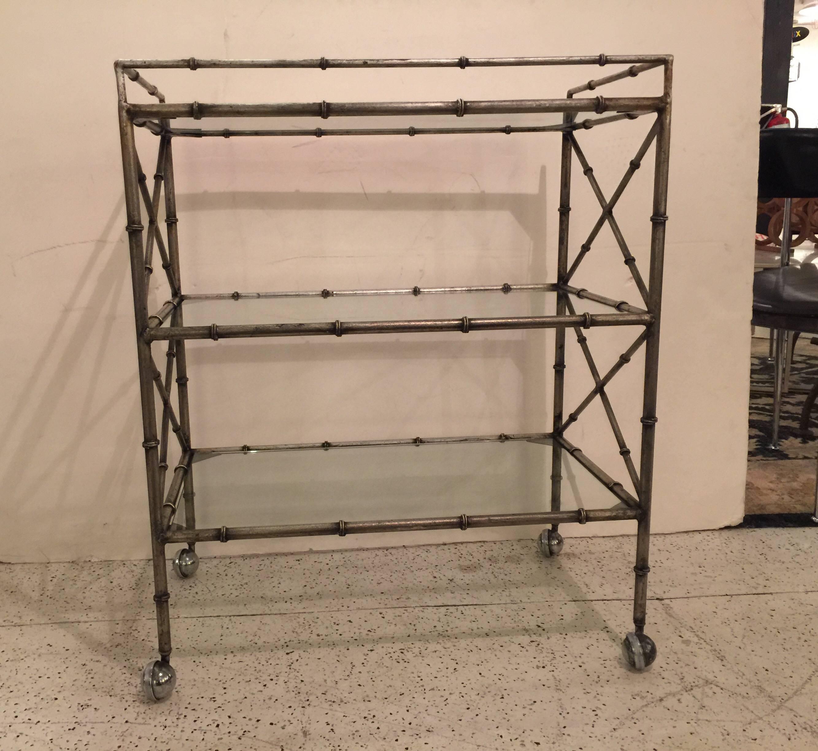 Midcentury Solid Iron Silvered Beverage Cart In Good Condition In Lambertville, NJ