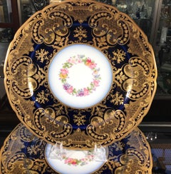 Opulent French Heavy Gilt and Cobalt Plates Set of 12