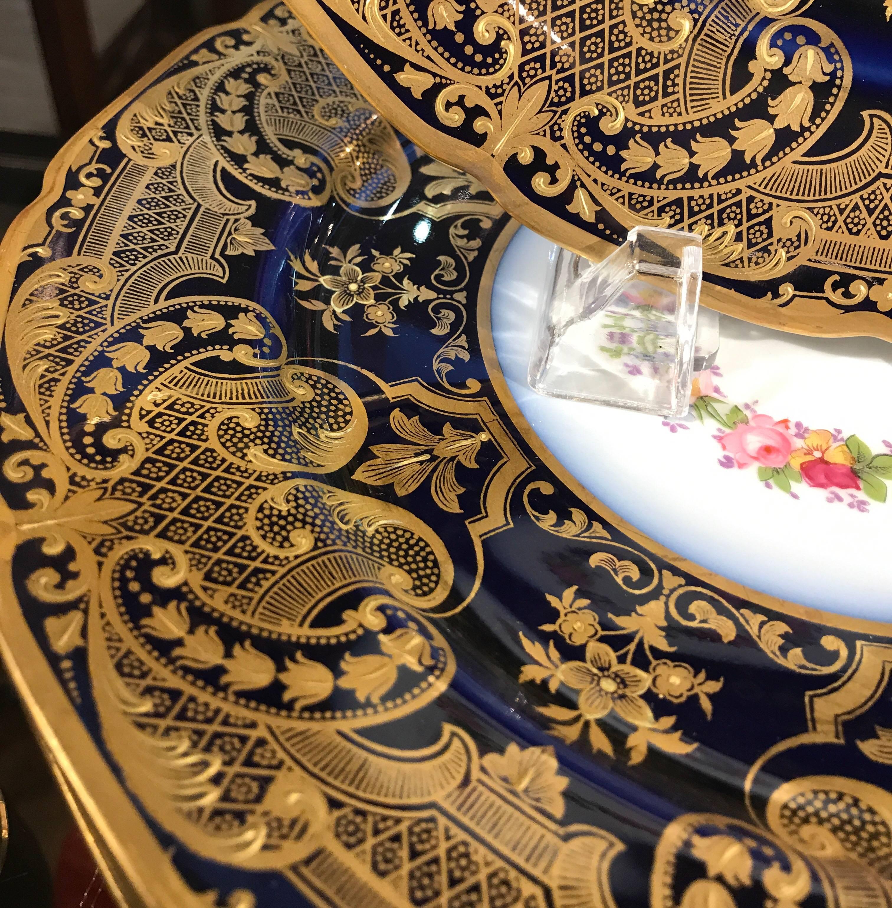 Edwardian Opulent French Heavy Gilt and Cobalt Plates Set of 12