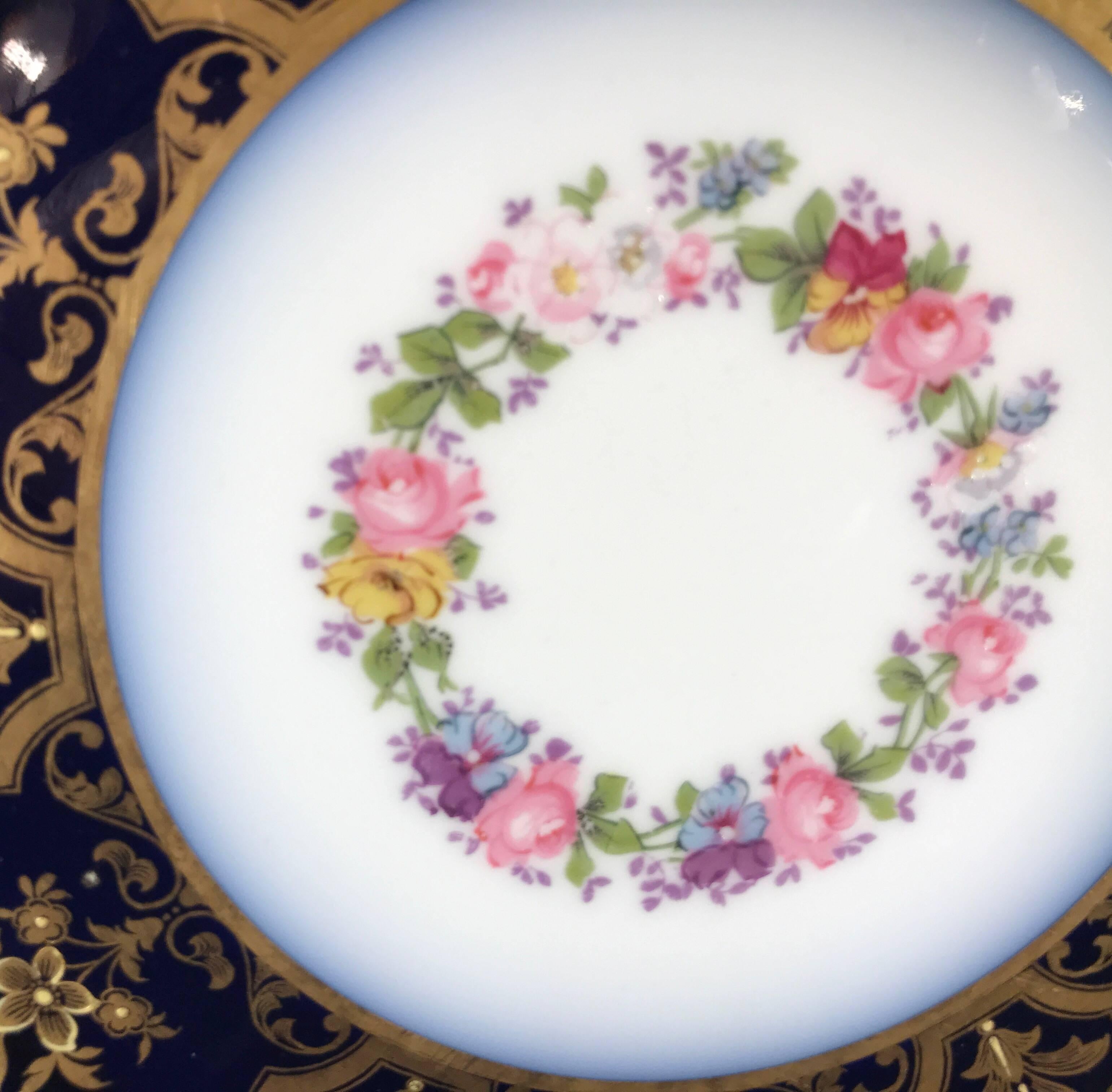 Hand-Painted Opulent French Heavy Gilt and Cobalt Plates Set of 12
