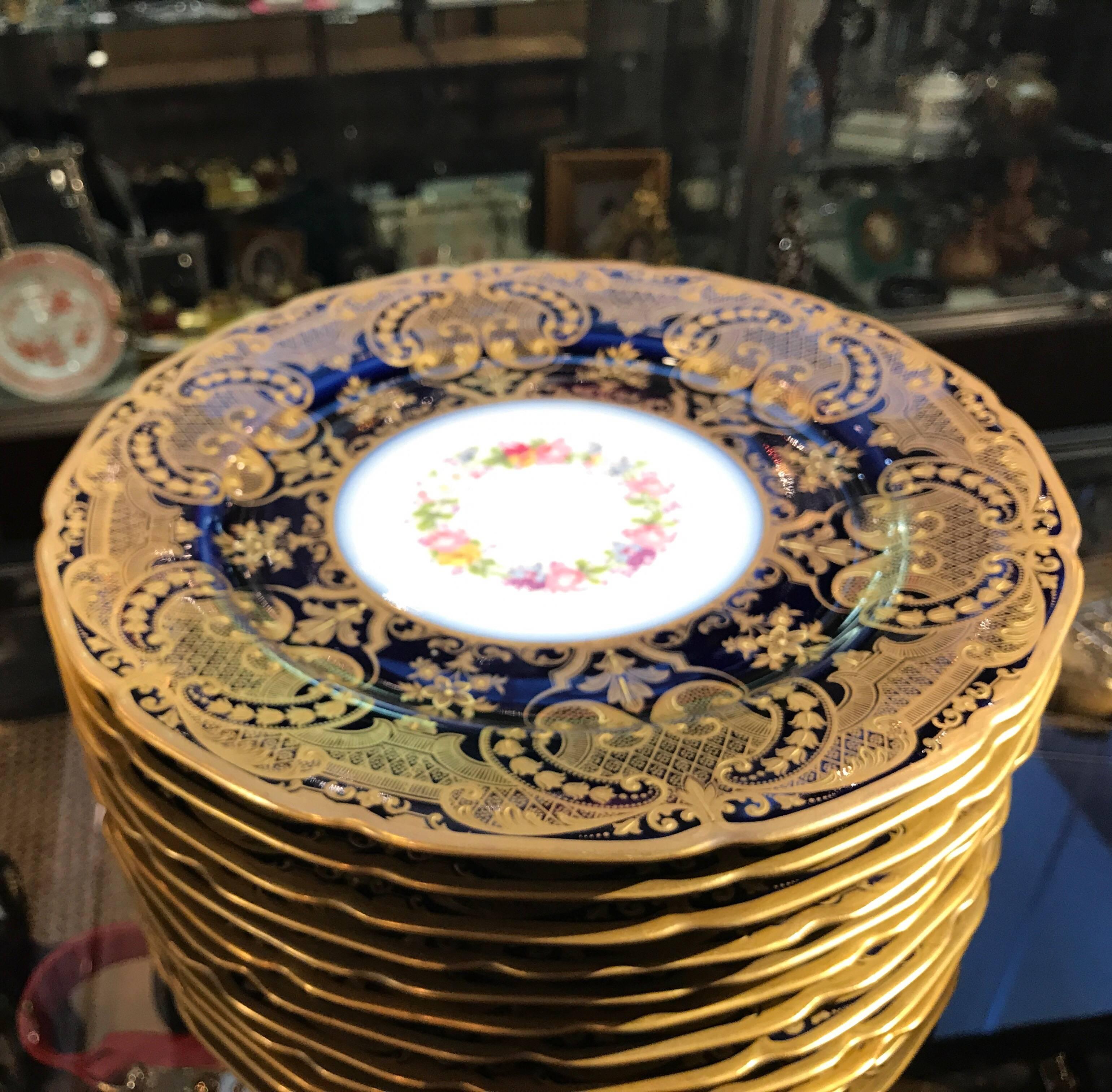 Late 19th Century Opulent French Heavy Gilt and Cobalt Plates Set of 12