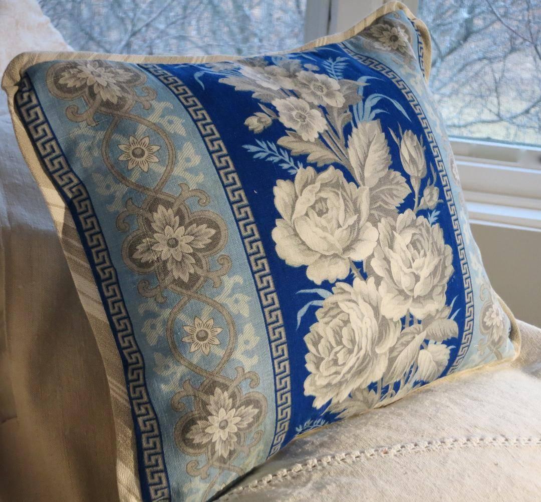 This charming pillow features:
A superb French blue floral printed cotton dating from circa 1880. Such blues are becoming increasingly difficult to find especially in such lovely and vibrant condition!
It is backed and piped with a coordinating