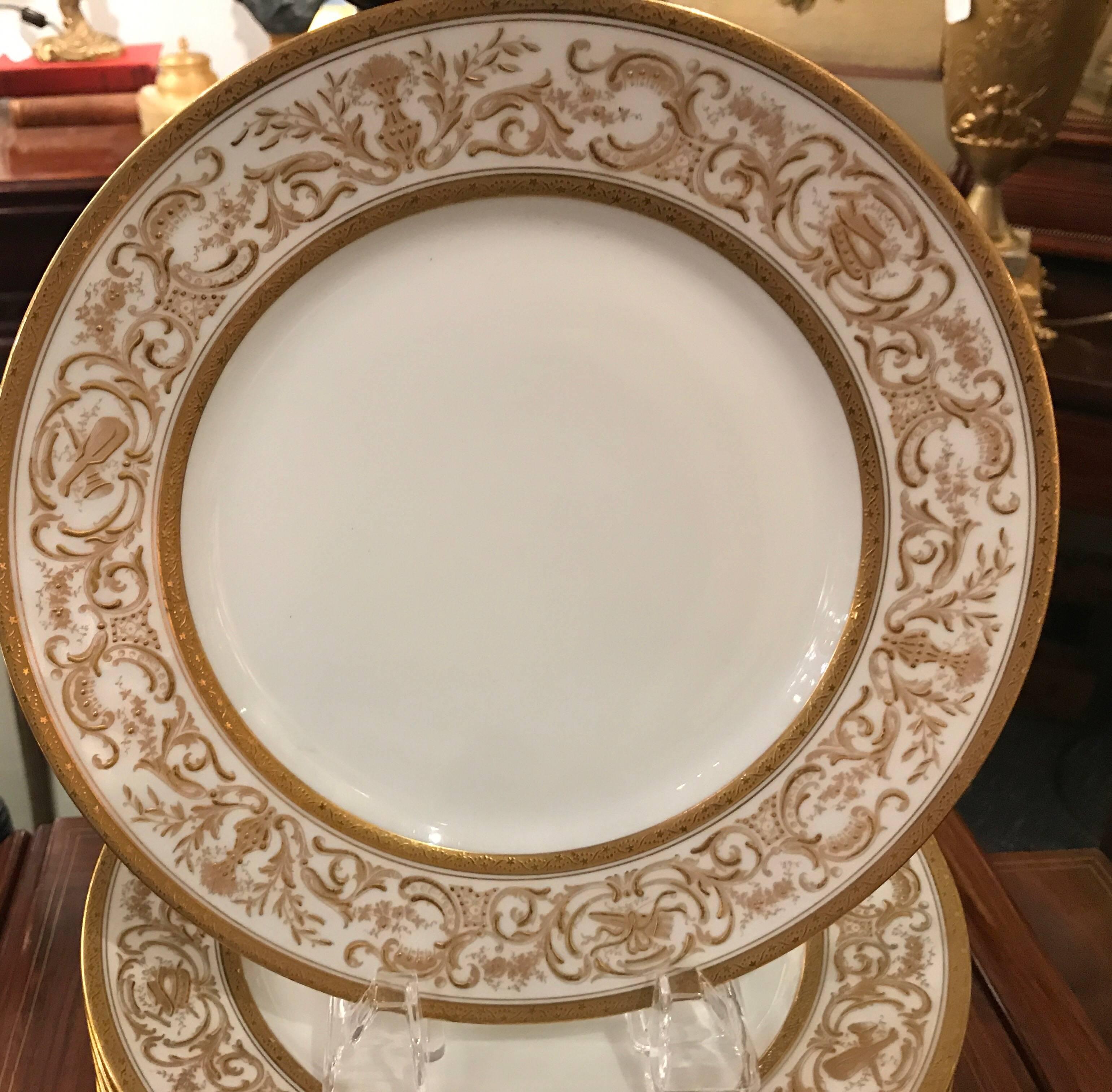 Ten hand gilt 10 inch plates by Charles Ahrenfeldt Limoges and retailed by Bailey Banks and Biddle of Philadelphia.

Charles Ahrenfeldt (1807-94) was born in Germany. He began importing porcelain into New York City in the 1830s. During the 1840s