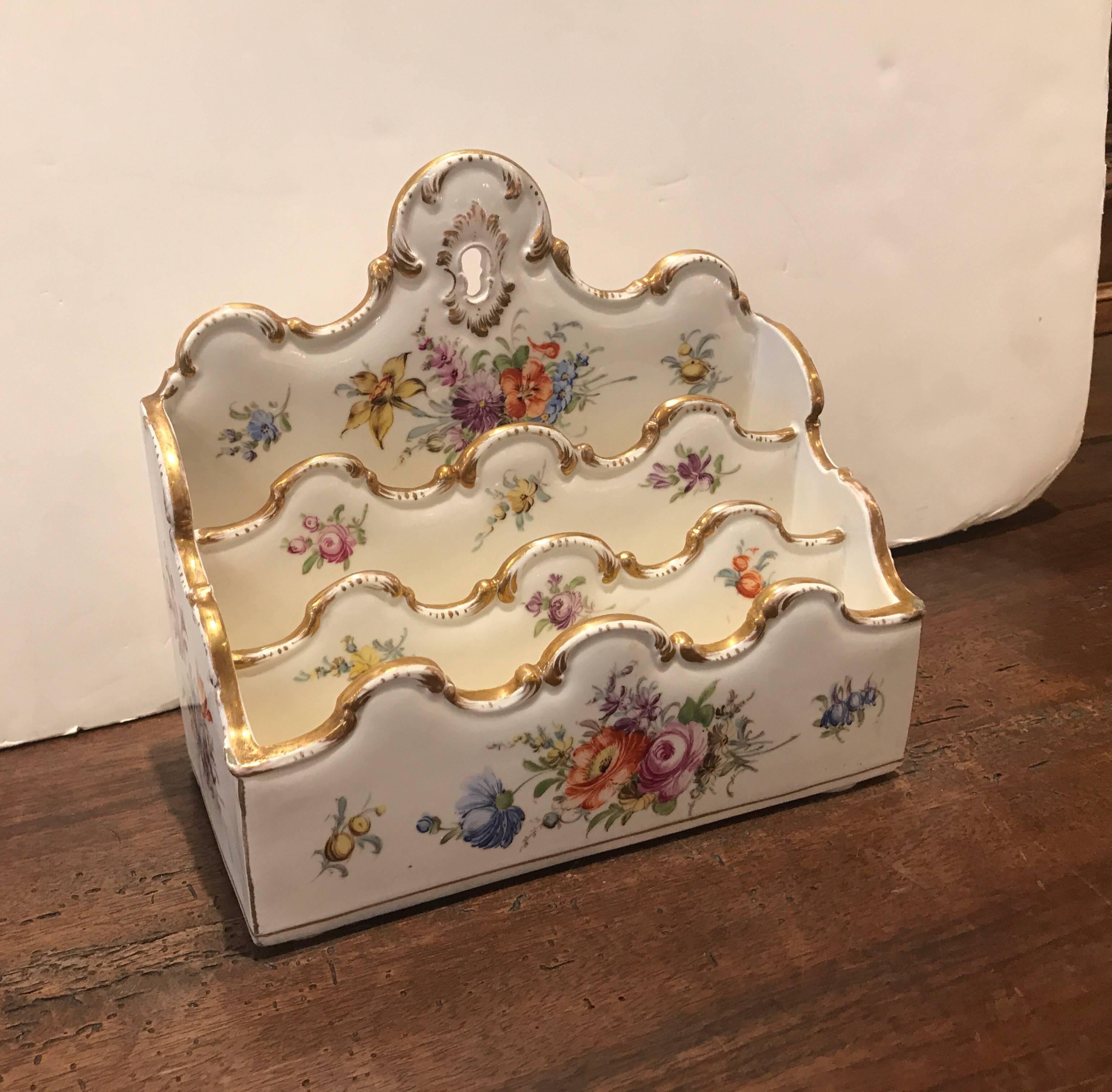 Early to midcentury Dresden letter holder, marked H X Dresden, beautifully hand-painted three section letter holder.