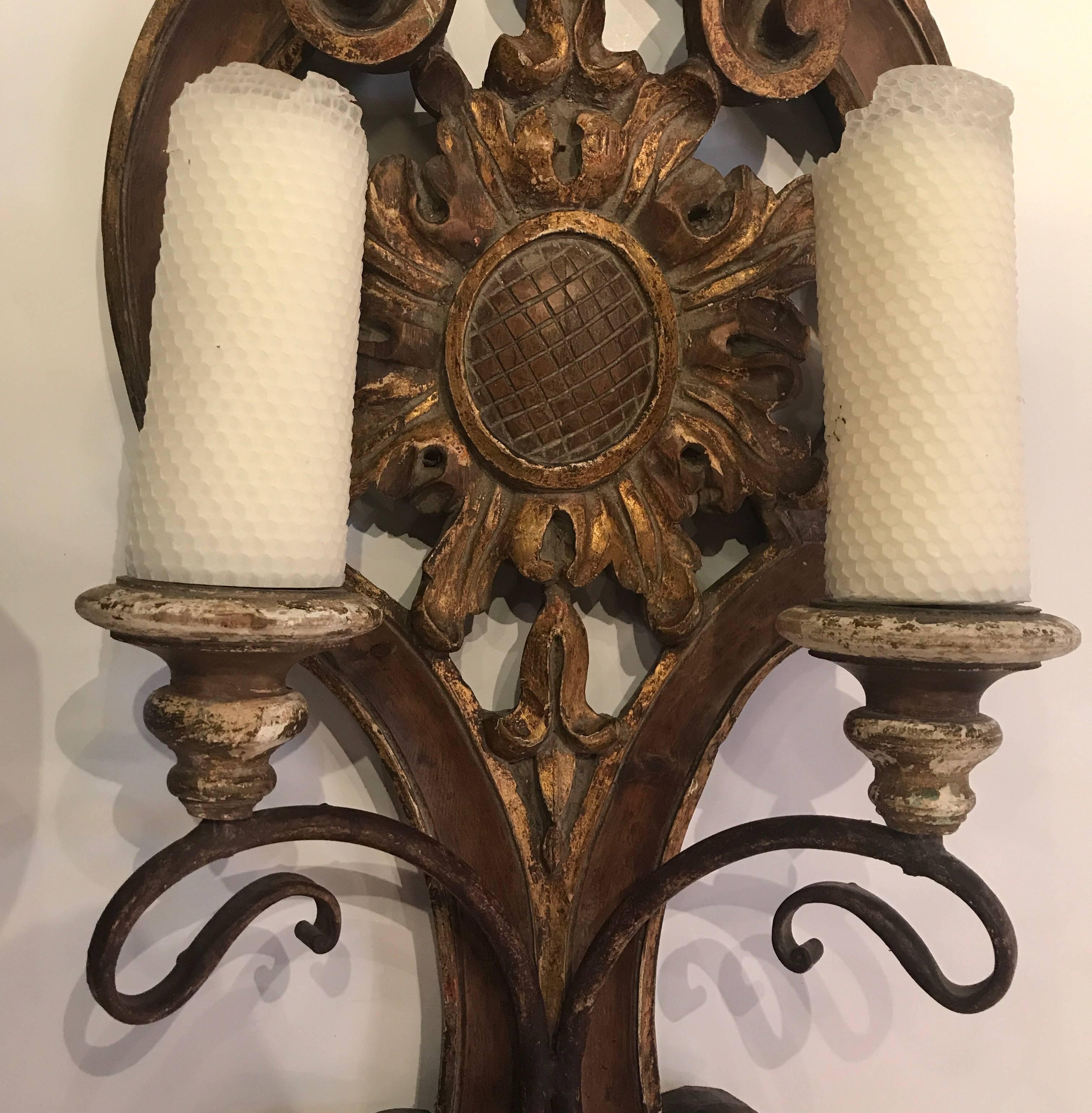Baroque Pair of Hand-Carved Italian Candle Sconces
