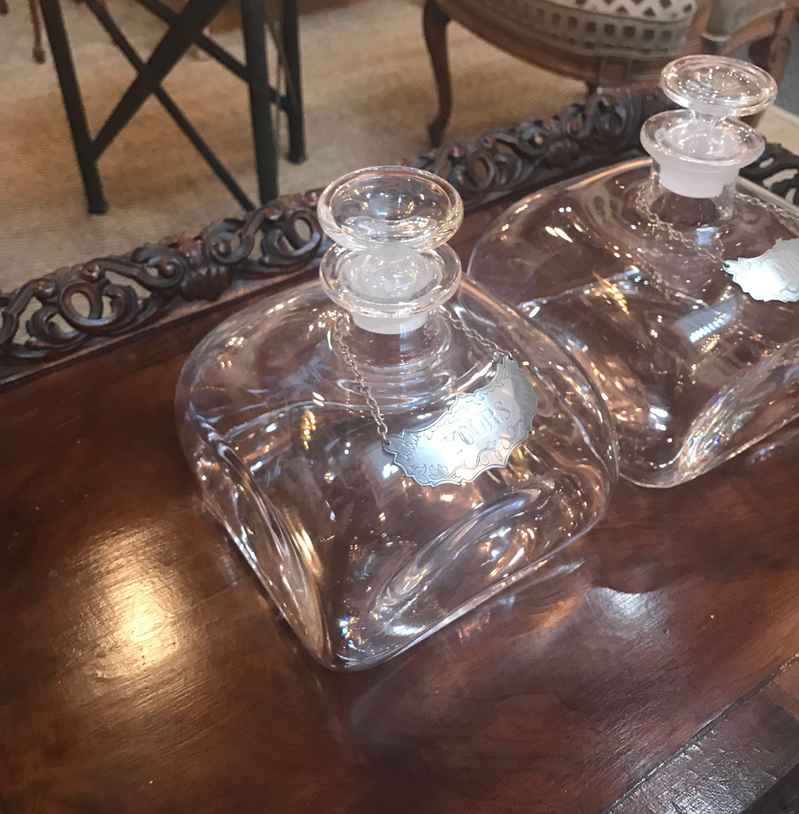 Pair of Blown Glass Spirit Decanters with Pewter Labels In Excellent Condition In Lambertville, NJ
