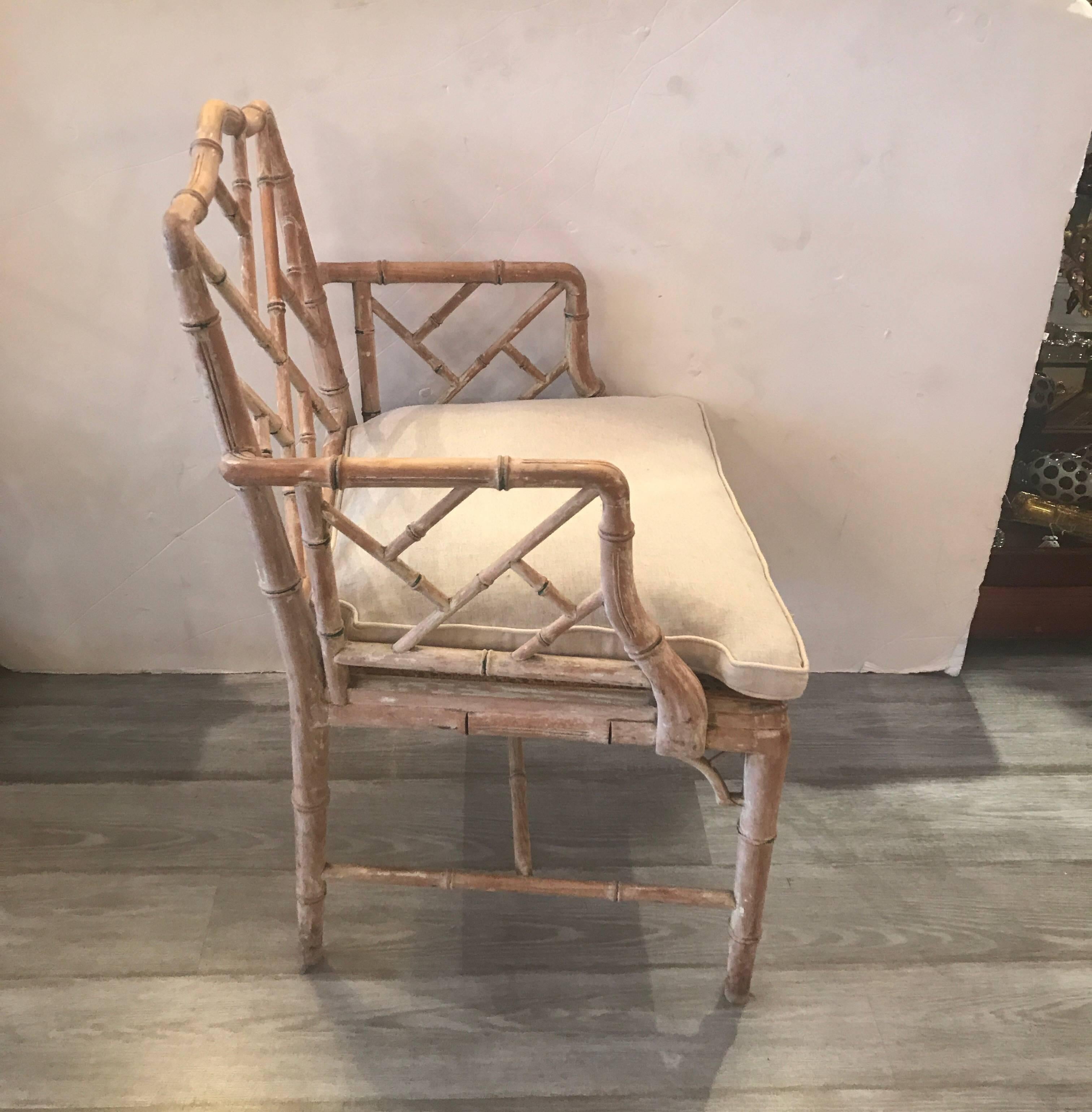 Hollywood Regency Pair of Hand-Carved Bamboo Motif Side Chairs with Linen Cushions