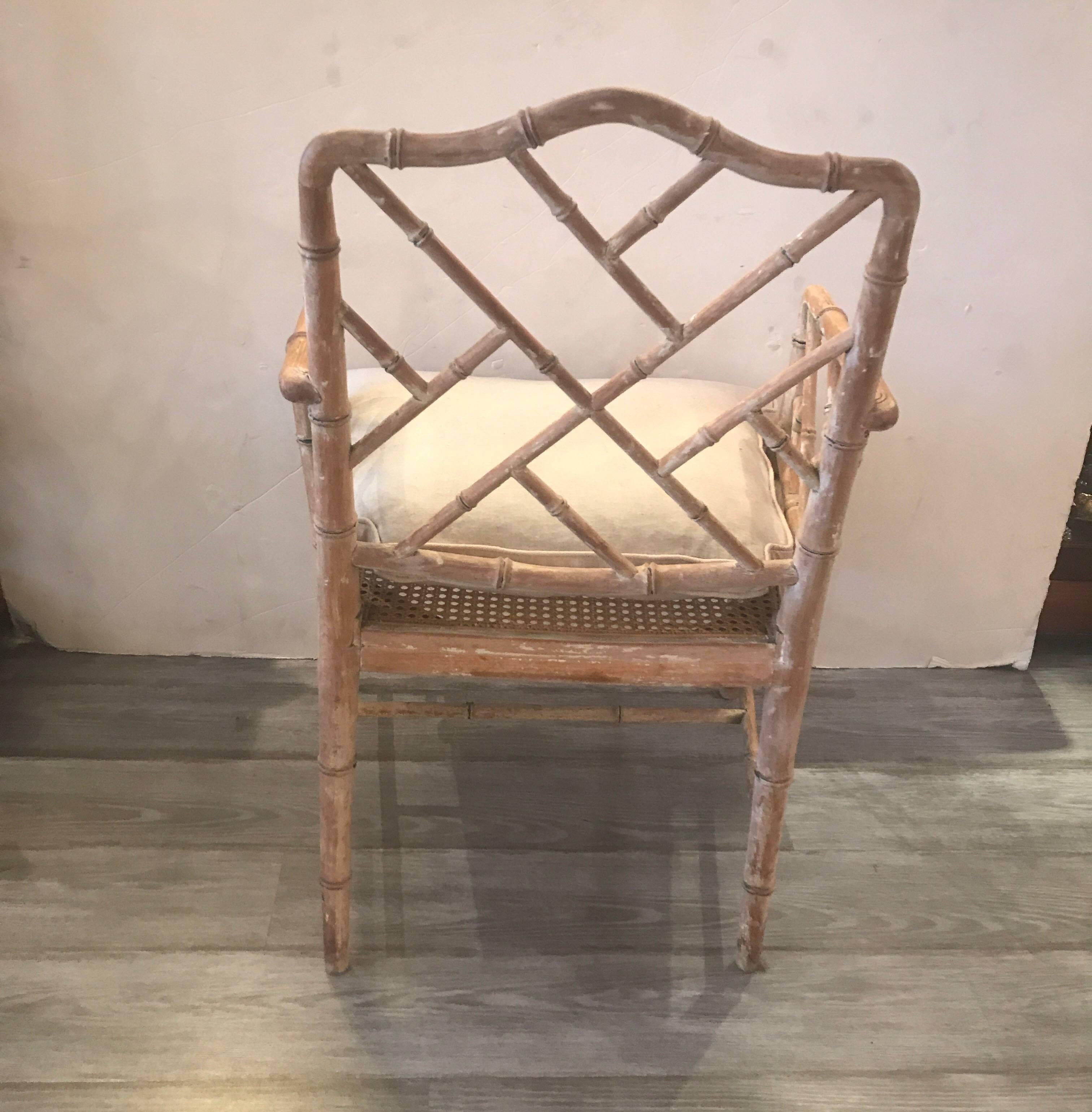 American Pair of Hand-Carved Bamboo Motif Side Chairs with Linen Cushions