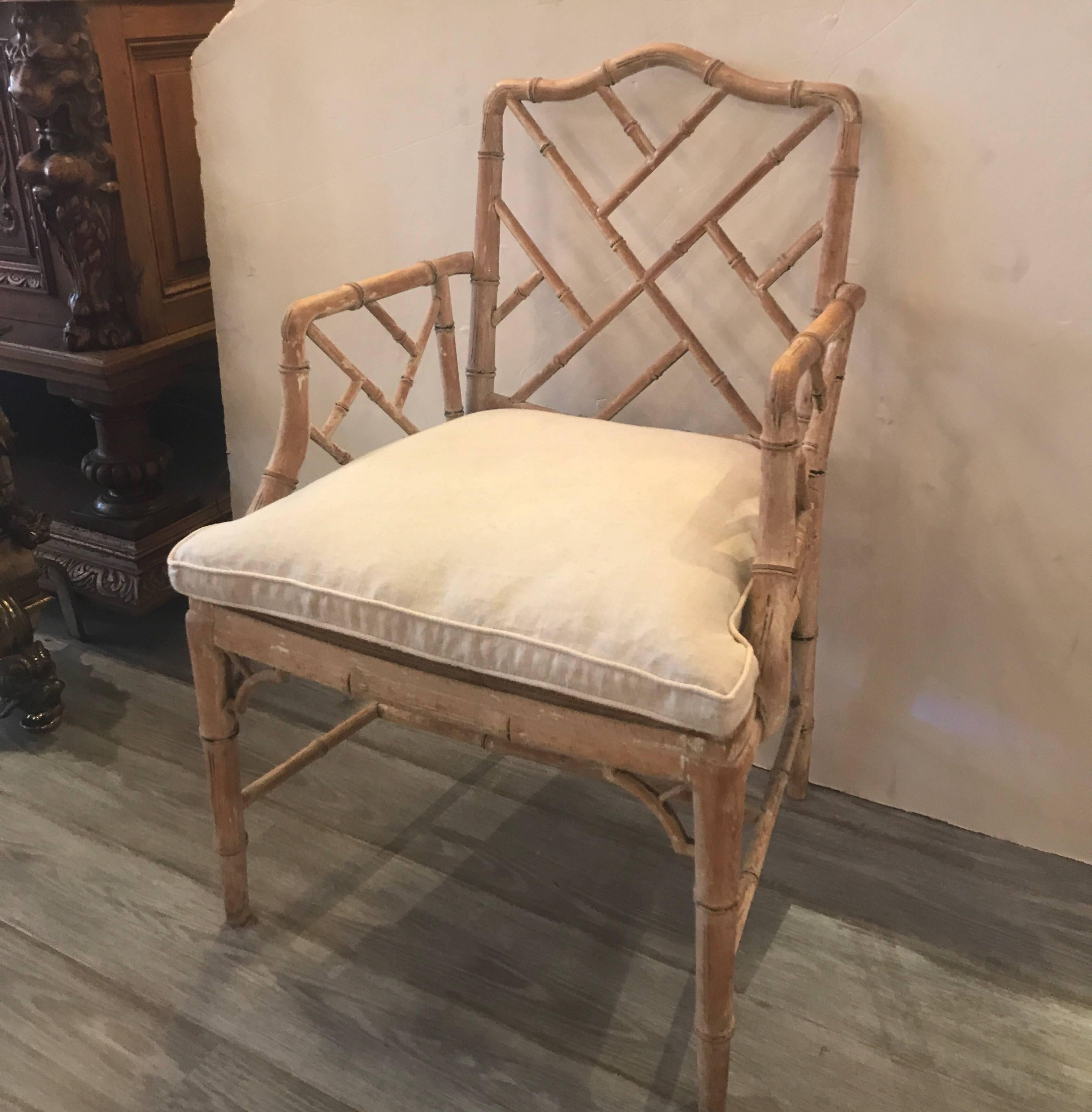 Pair of Hand-Carved Bamboo Motif Side Chairs with Linen Cushions In Excellent Condition In Lambertville, NJ