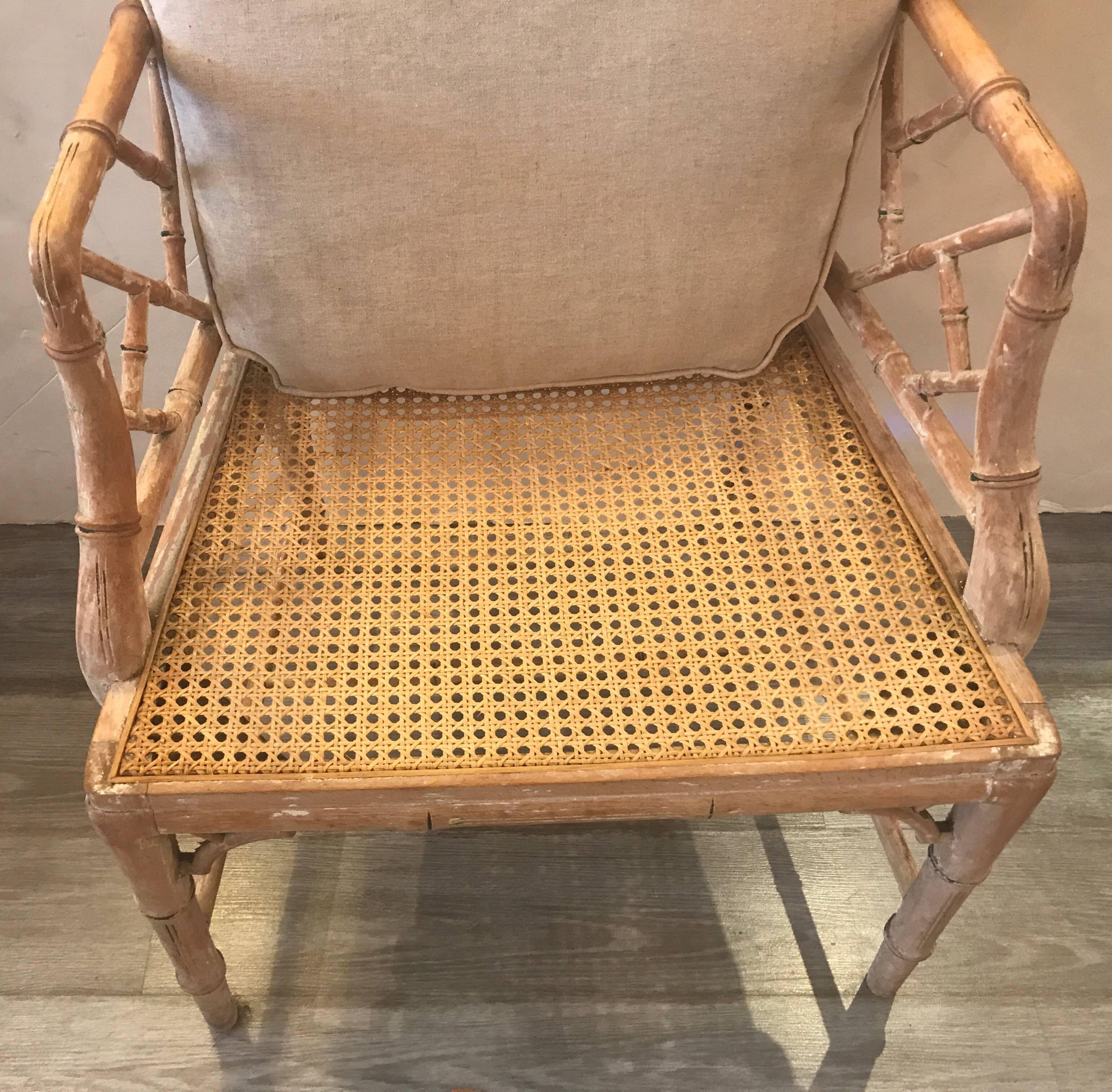 Pair of Hand-Carved Bamboo Motif Side Chairs with Linen Cushions 3