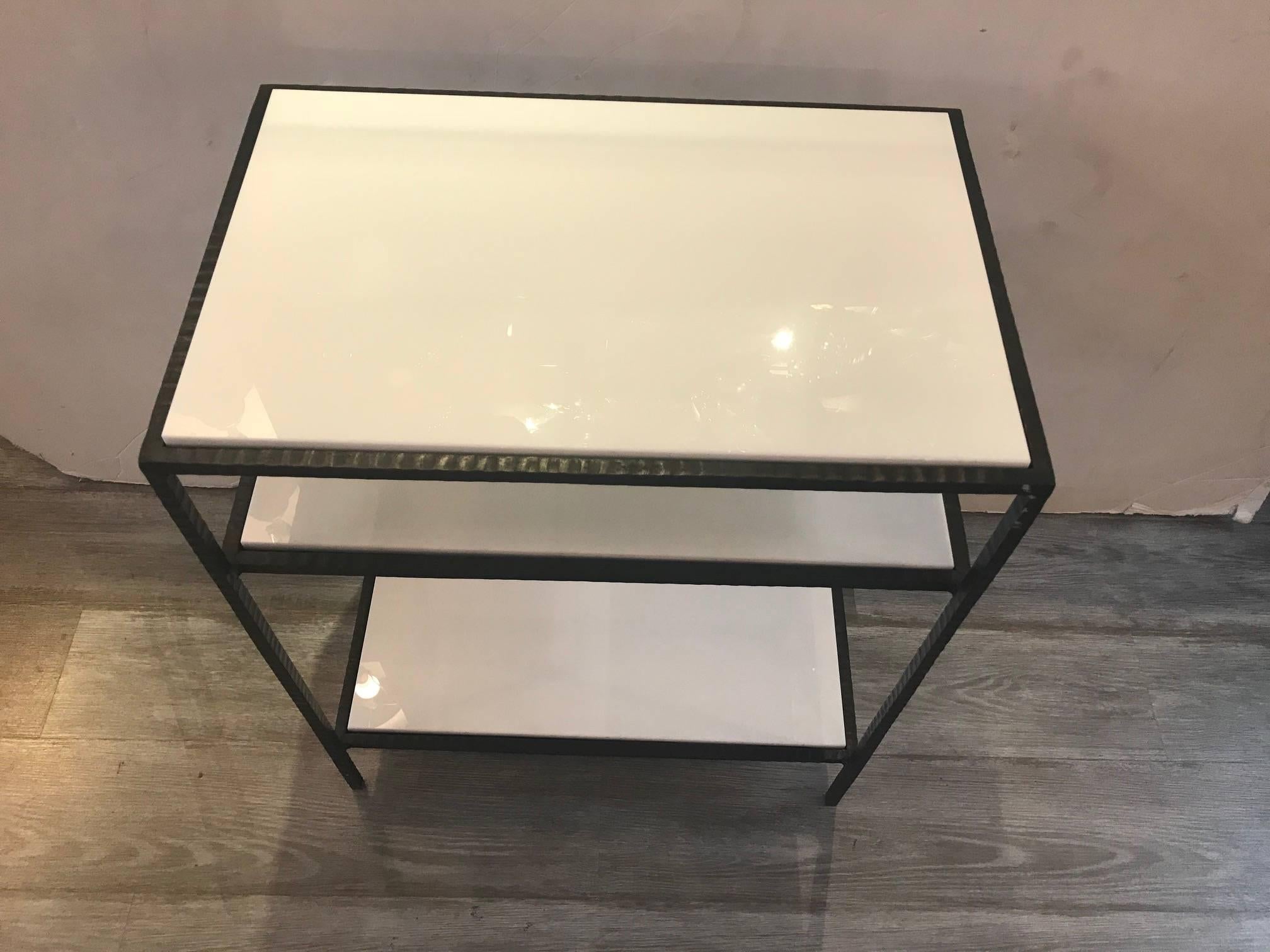 Mid-20th Century French Three-Tiered Midcentury White Glass and Iron Side Table