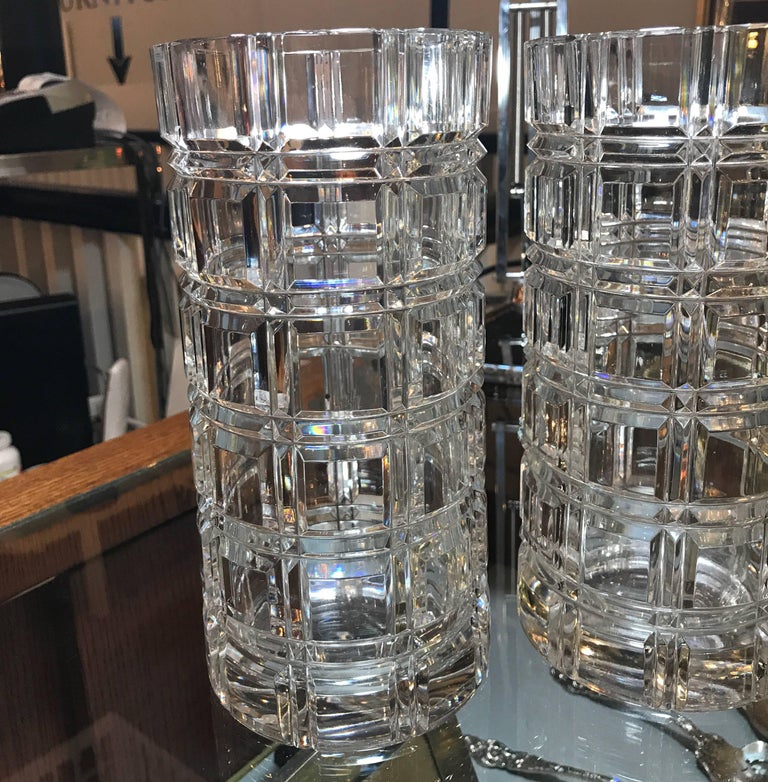 Pair of Heavy Cut Crystal Cylinder Vases, circa 1950 at 1stDibs