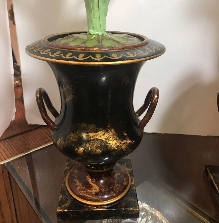 Pair of Italian Tole Mantle Urns with Tole Lilies For Sale at 1stDibs