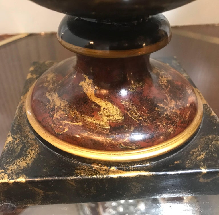 Pair of Italian Tole Mantle Urns with Tole Lilies For Sale at 1stDibs
