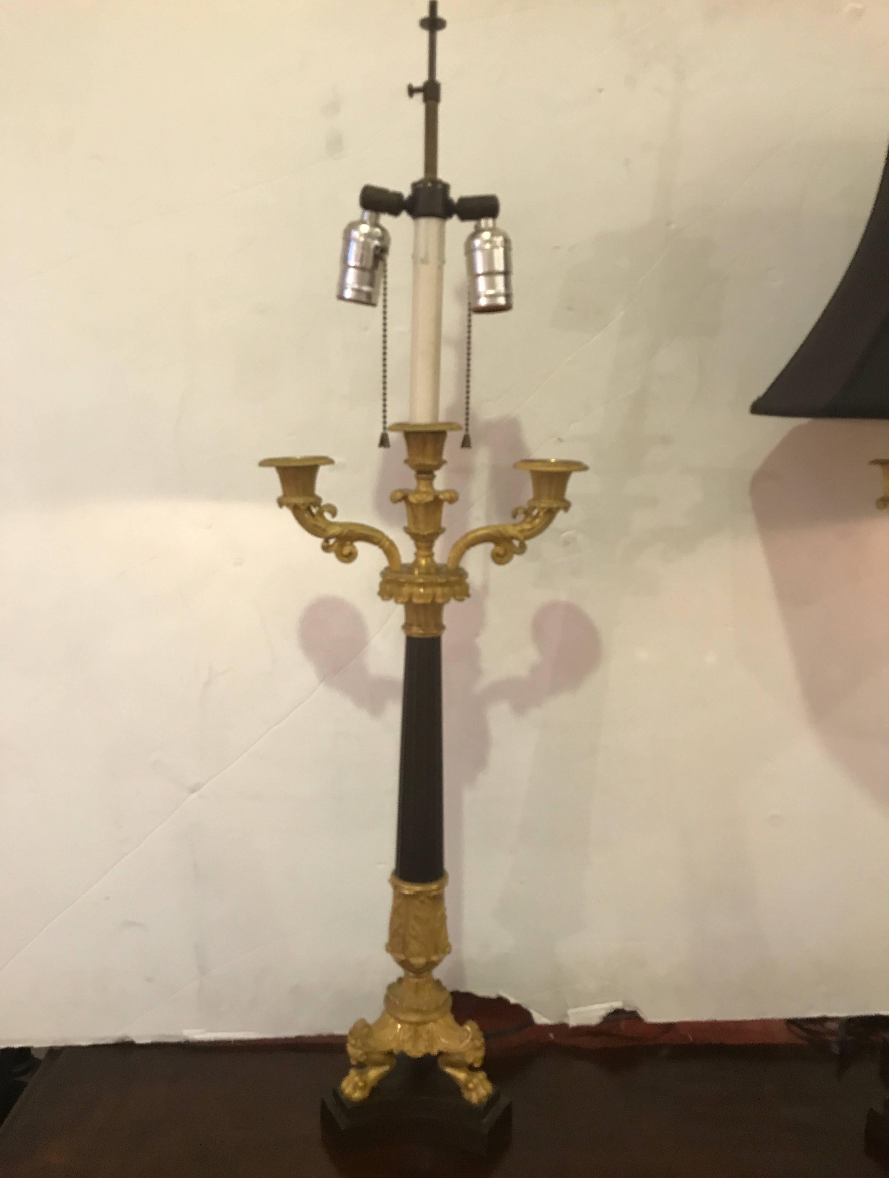 French 19th Century Pair of Charles X Ormolu and Bronze Candelabra Lamps
