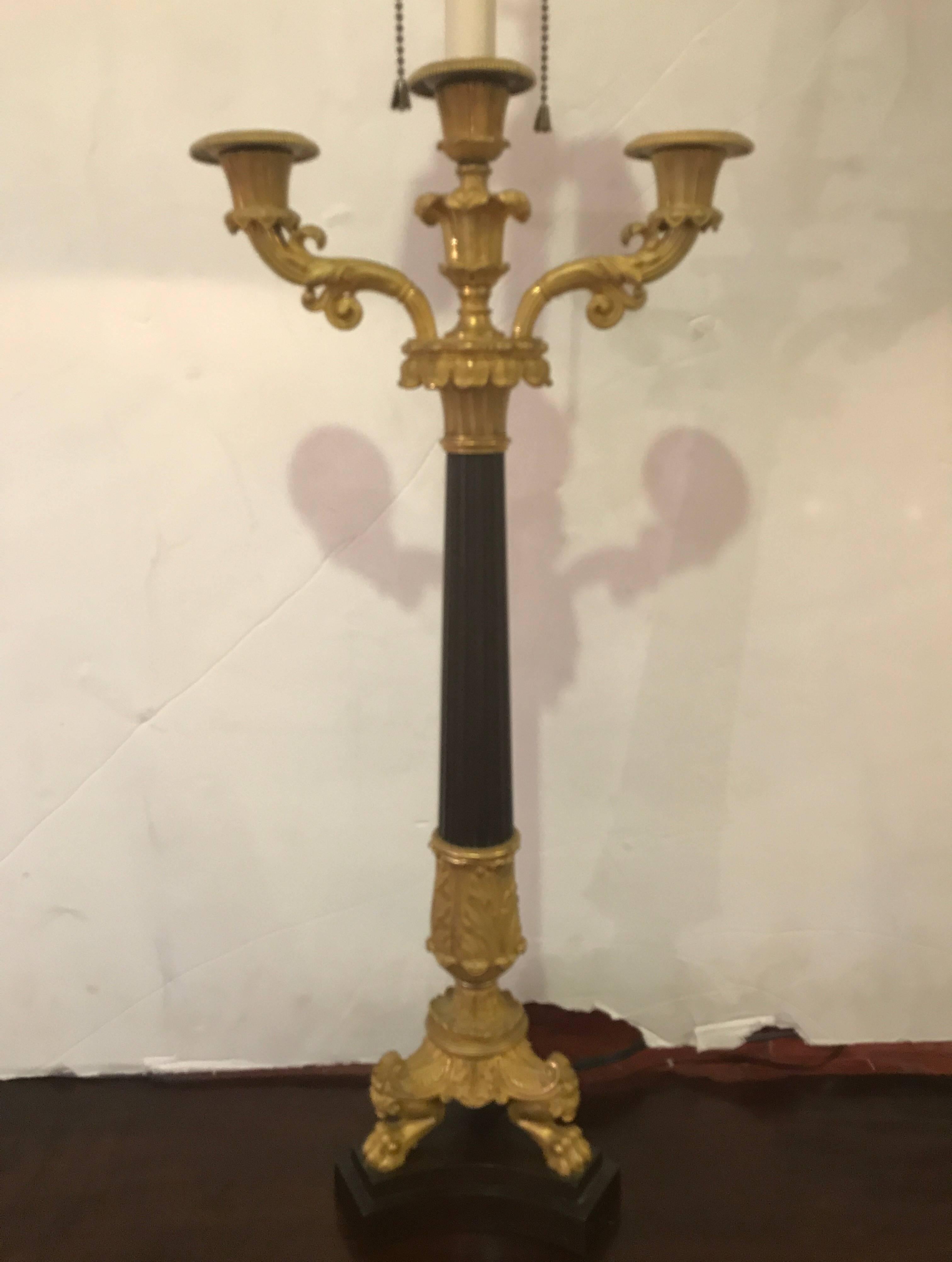 Patinated 19th Century Pair of Charles X Ormolu and Bronze Candelabra Lamps