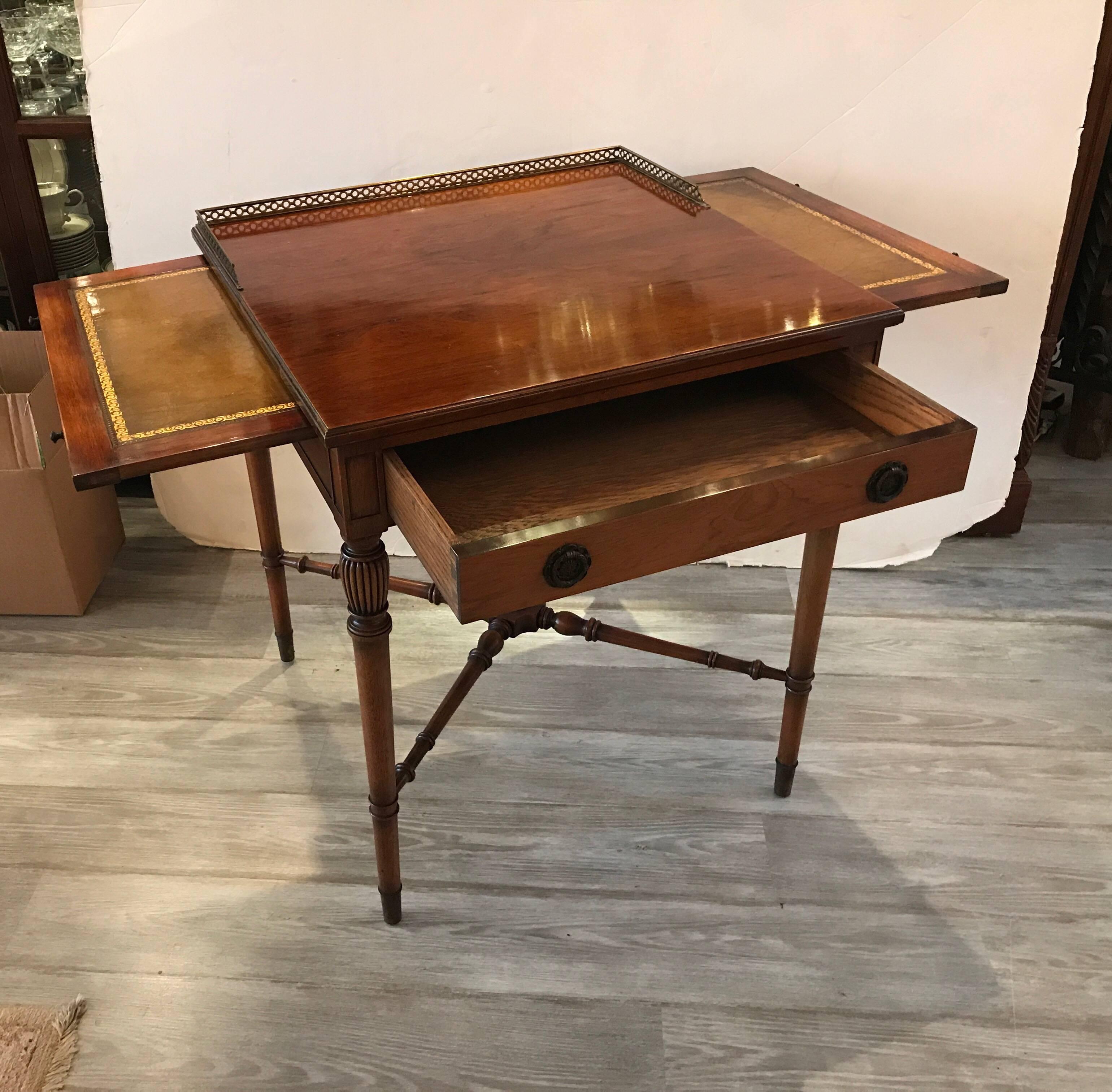 Rosewood Gallery Top Table with Pull Side Trays In Excellent Condition In Lambertville, NJ