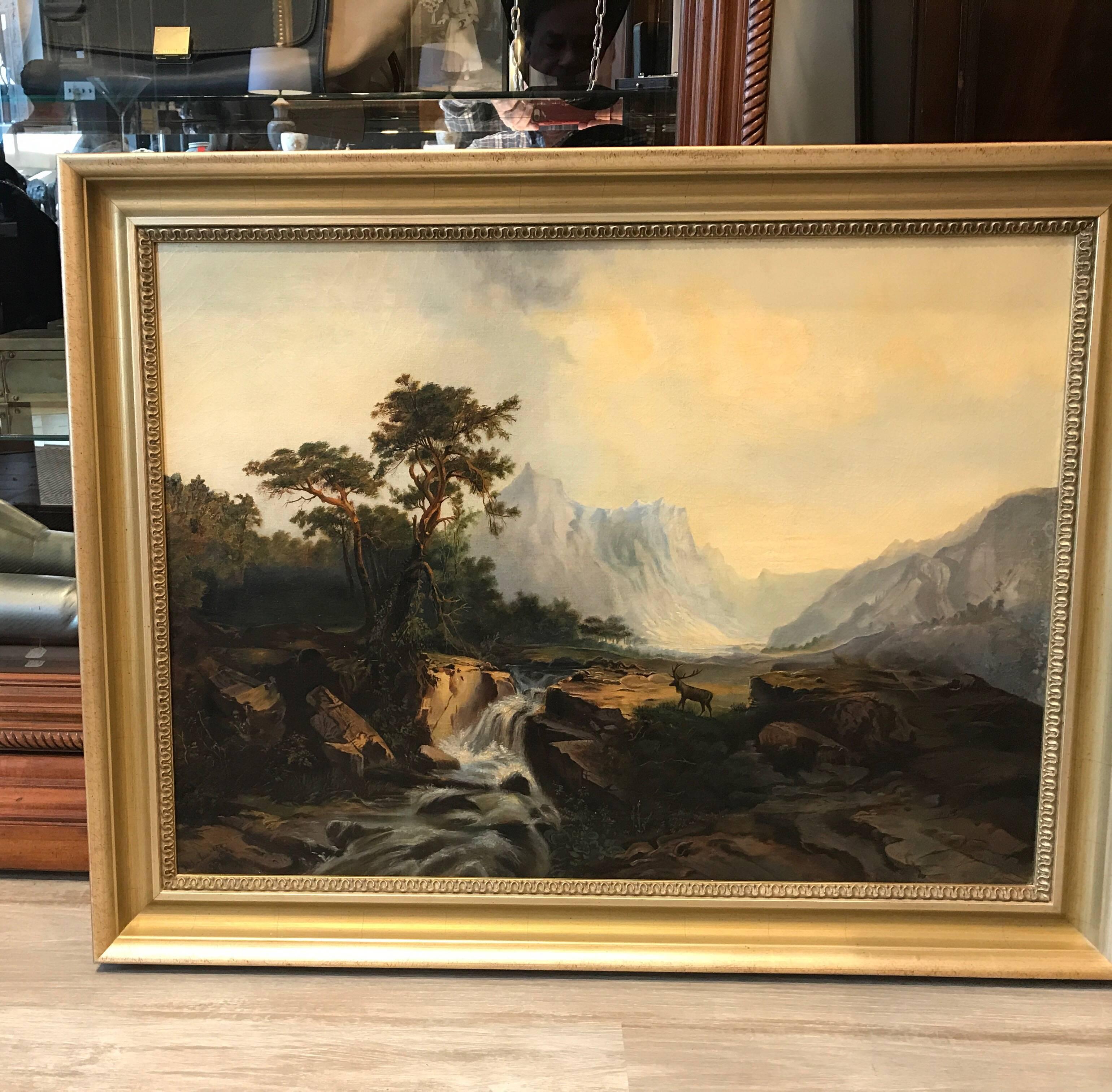 Oil on canvas bucolic scene with elk. Artist singed and dated. The canvas had been re-stretched and relined and is in excellent condition in a silver gold gilt more recent wood frame. The painting is European and probably Austrian.