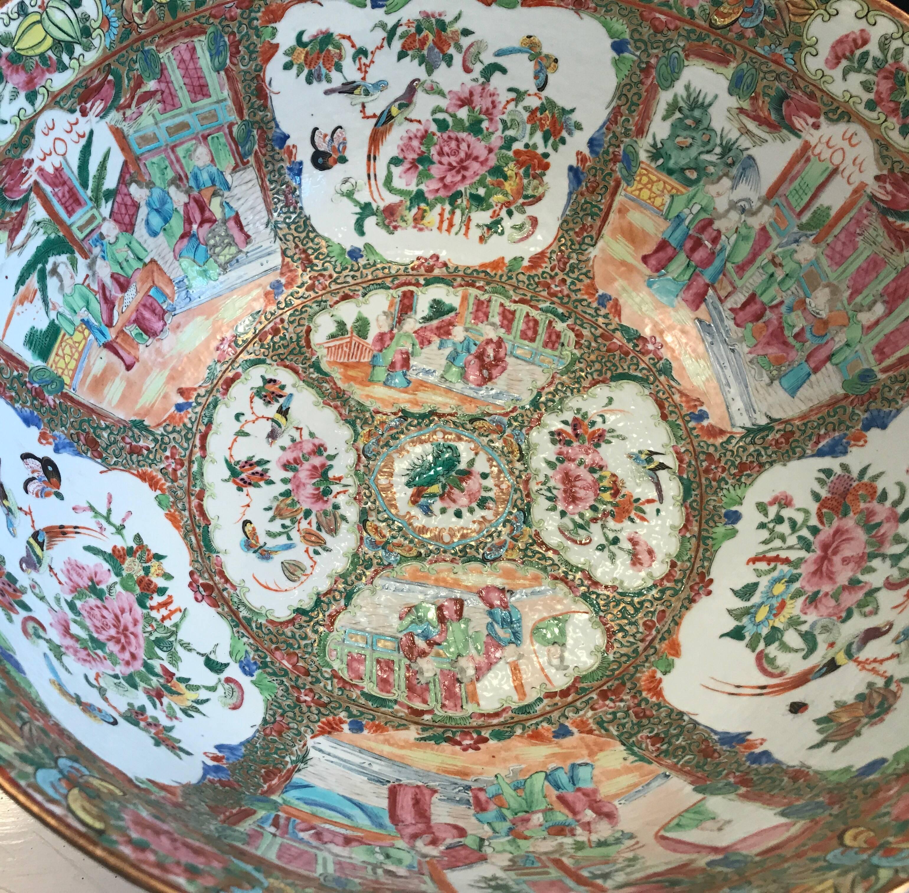 Hand-Painted 19th Century Chinese Export Rose Medallion Punch Bowl