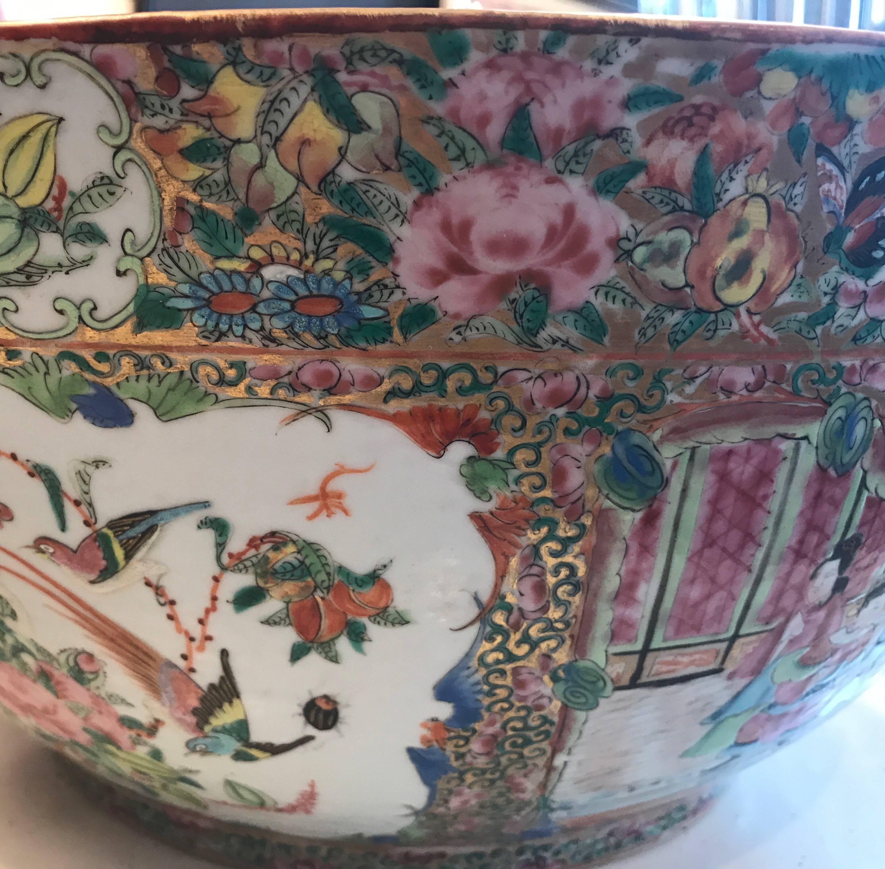 19th Century Chinese Export Rose Medallion Punch Bowl In Excellent Condition In Lambertville, NJ
