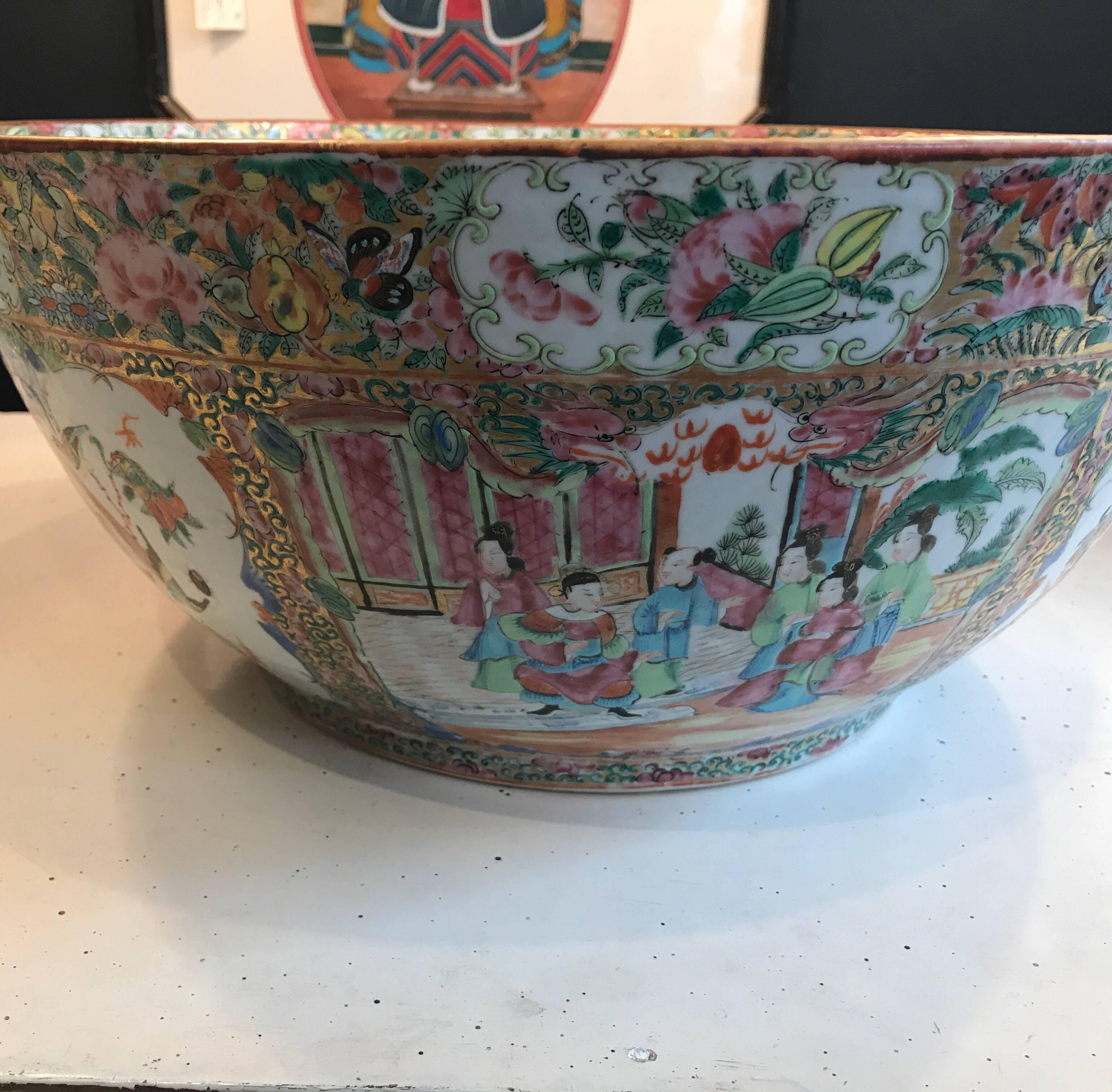 19th Century Chinese Export Rose Medallion Punch Bowl 3