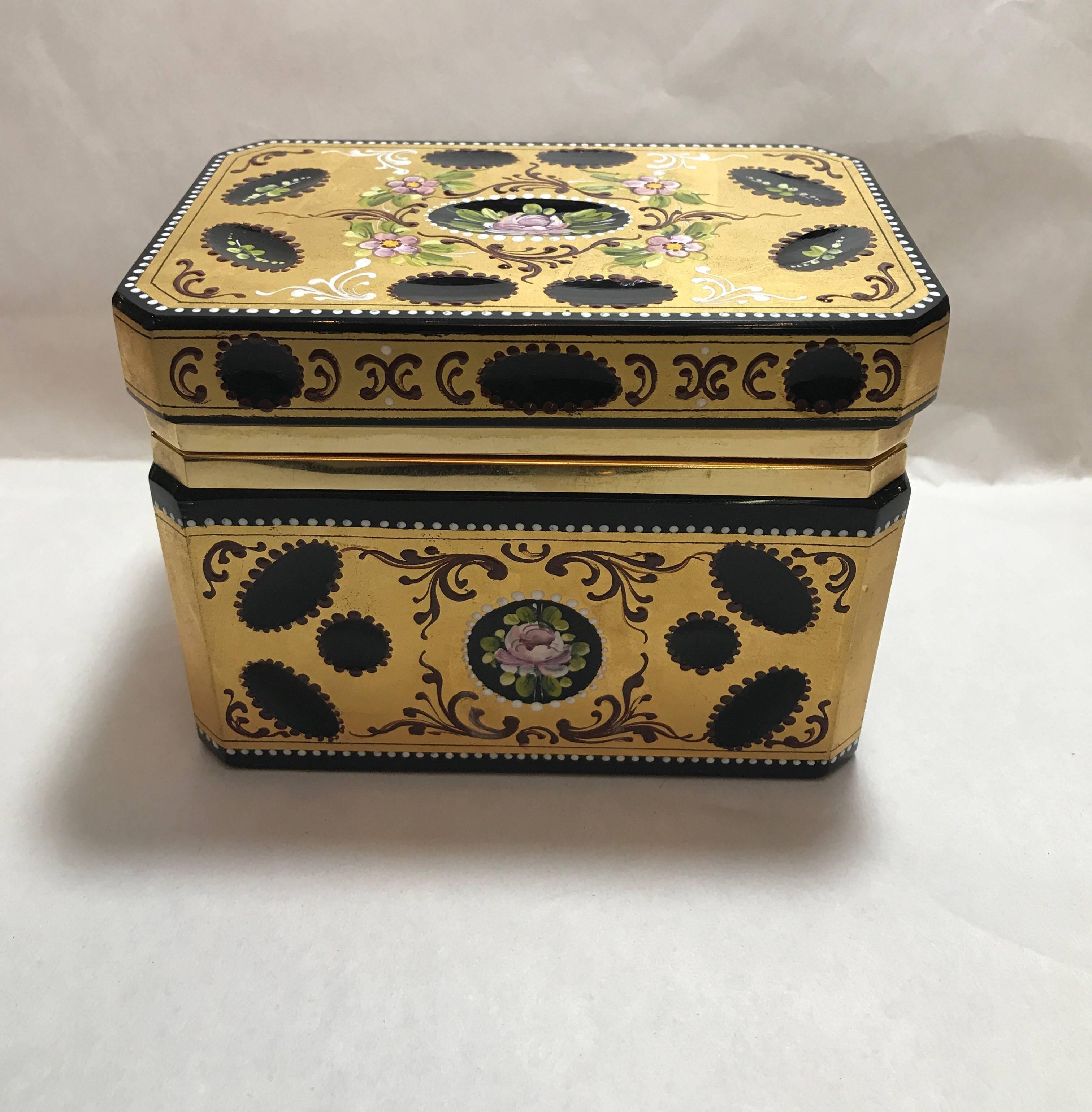 Antique 19th Century Gold Encrusted and Hand Enameled Hinged Glass Table Box 5