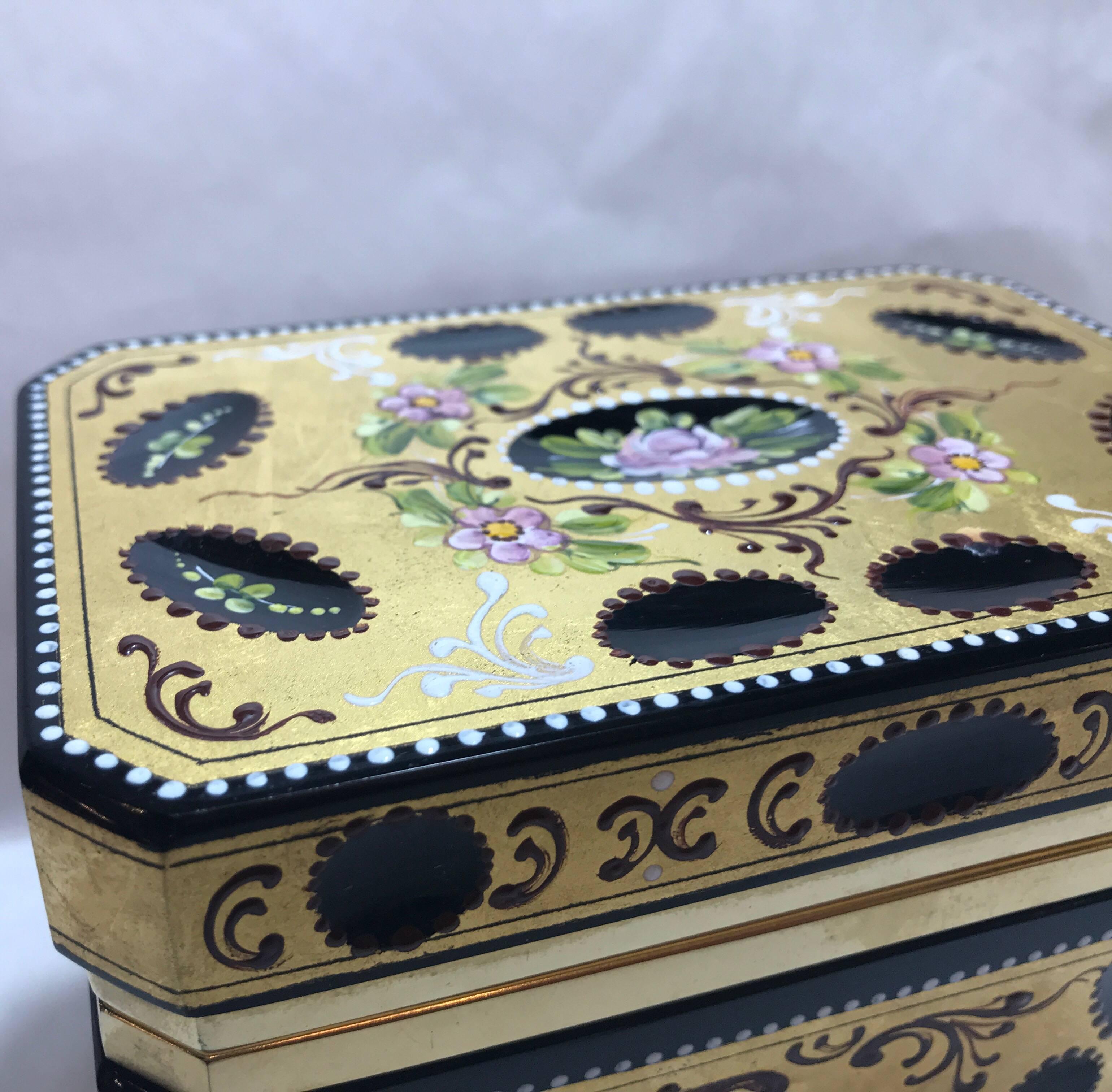 Antique 19th Century Gold Encrusted and Hand Enameled Hinged Glass Table Box 4