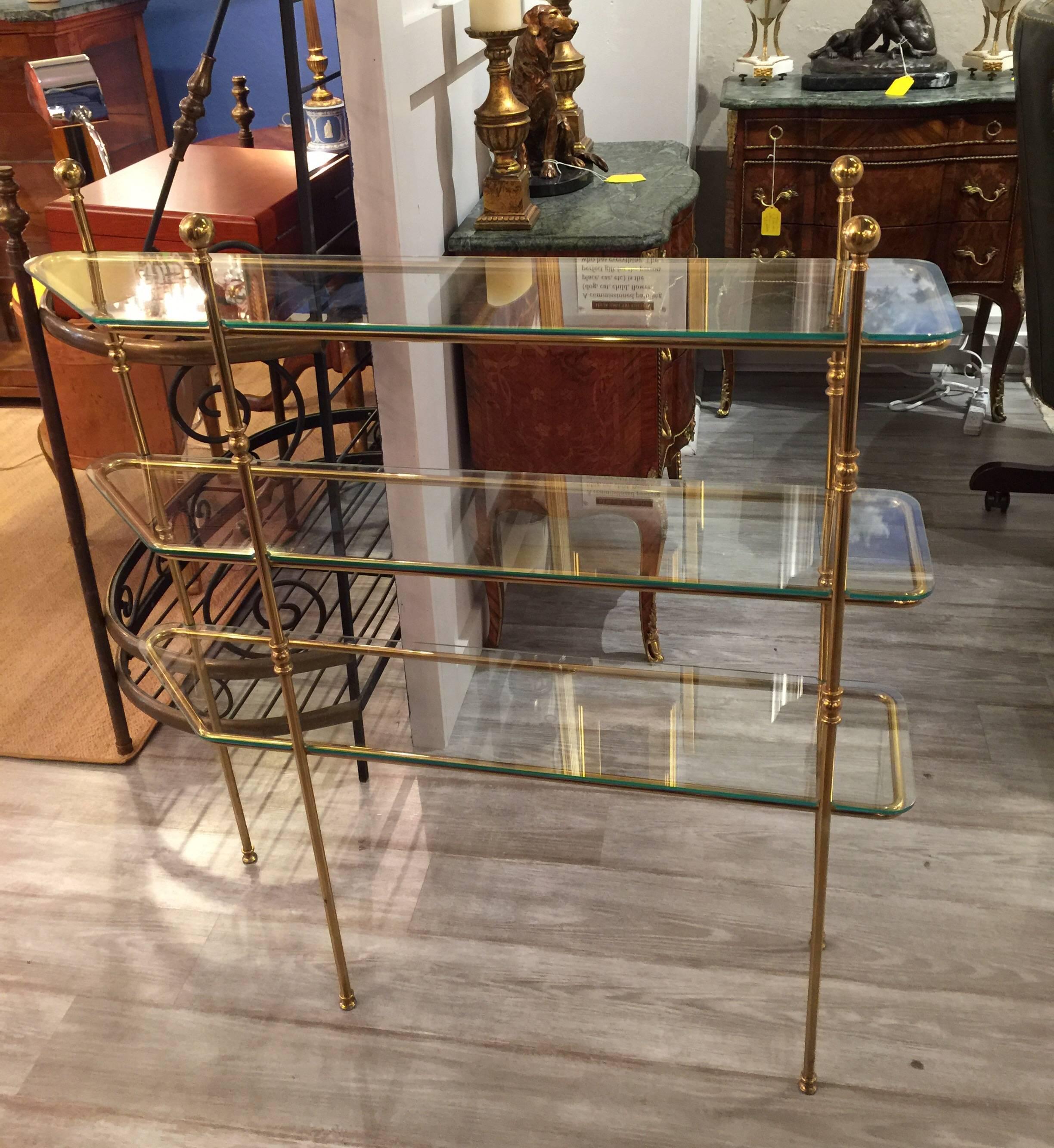 Mid-Century Modern Brass and Glass Etagere Console 2