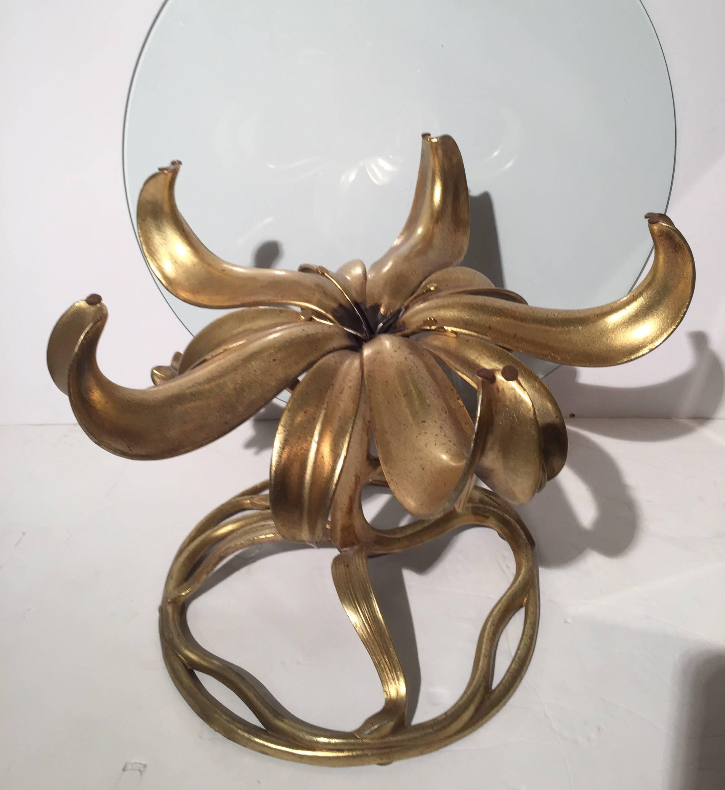 Brass Round Glass Top Lily Table by Arthur Court