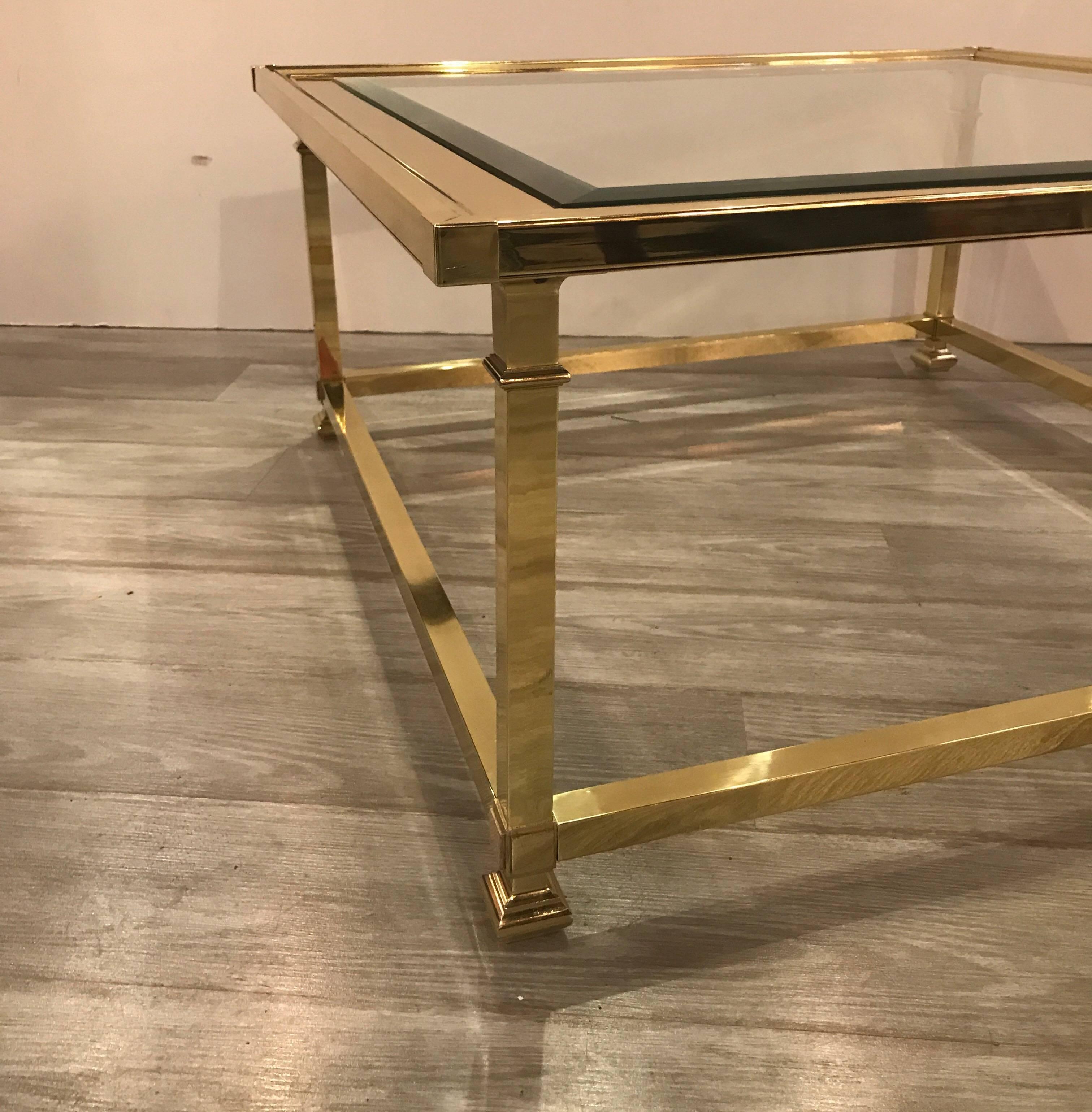 American Large Square Brass and Glass Cocktail Table by Mastercraft