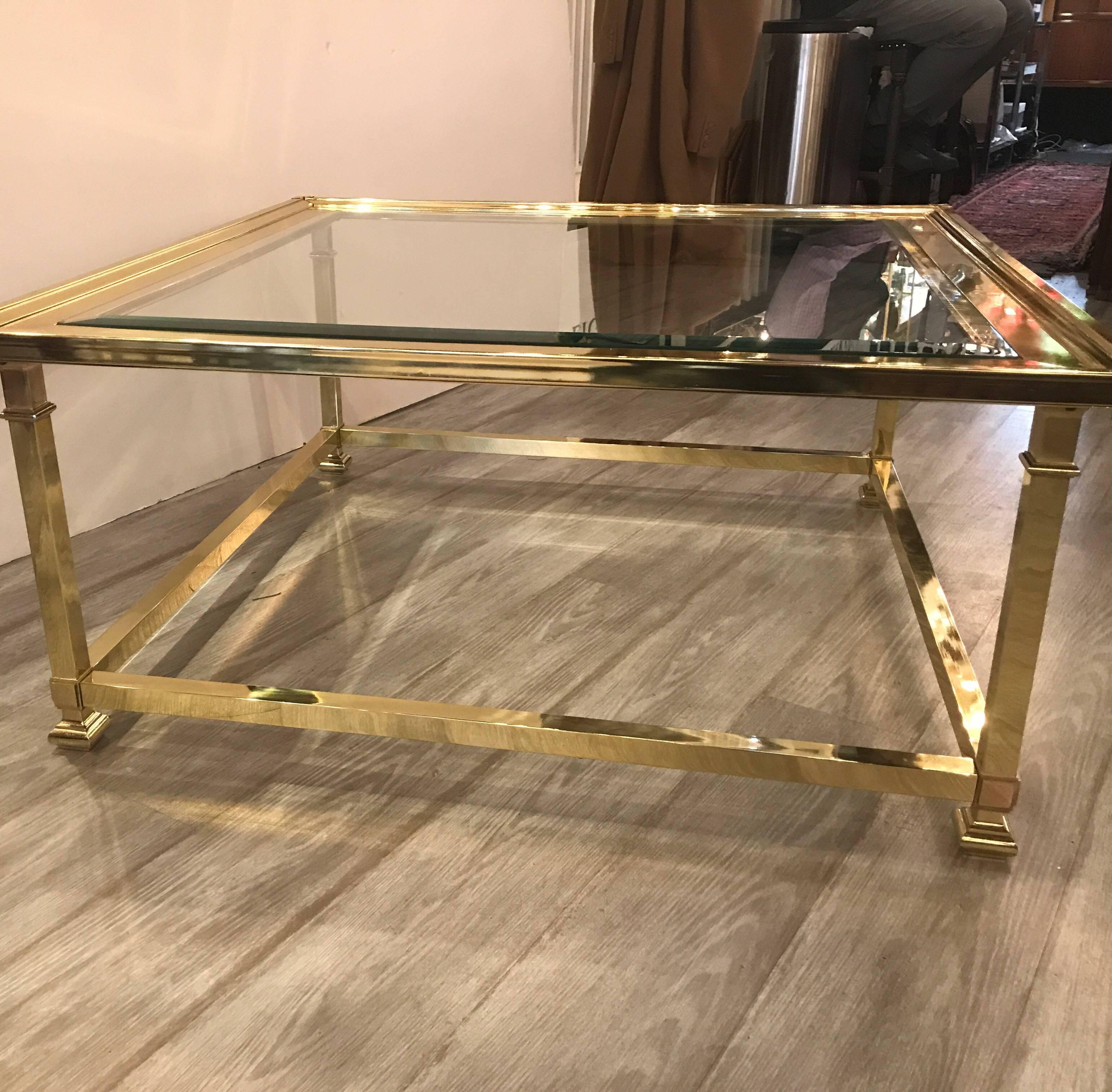 Beveled Large Square Brass and Glass Cocktail Table by Mastercraft