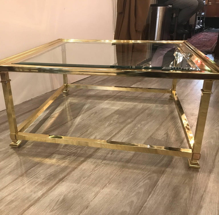 Large Square Brass and Glass Cocktail Table by Mastercraft For Sale at