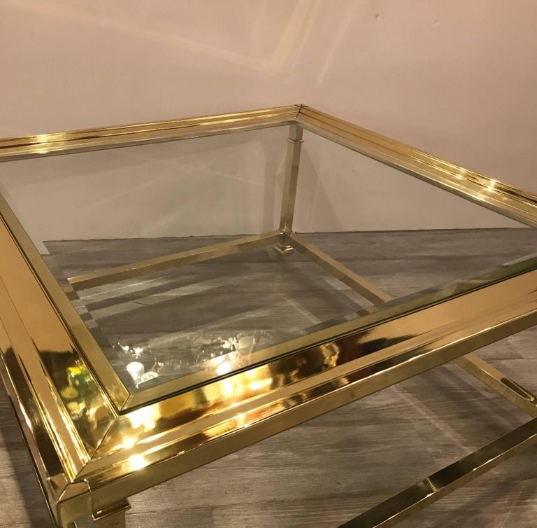 Large Square Brass and Glass Cocktail Table by Mastercraft For Sale at