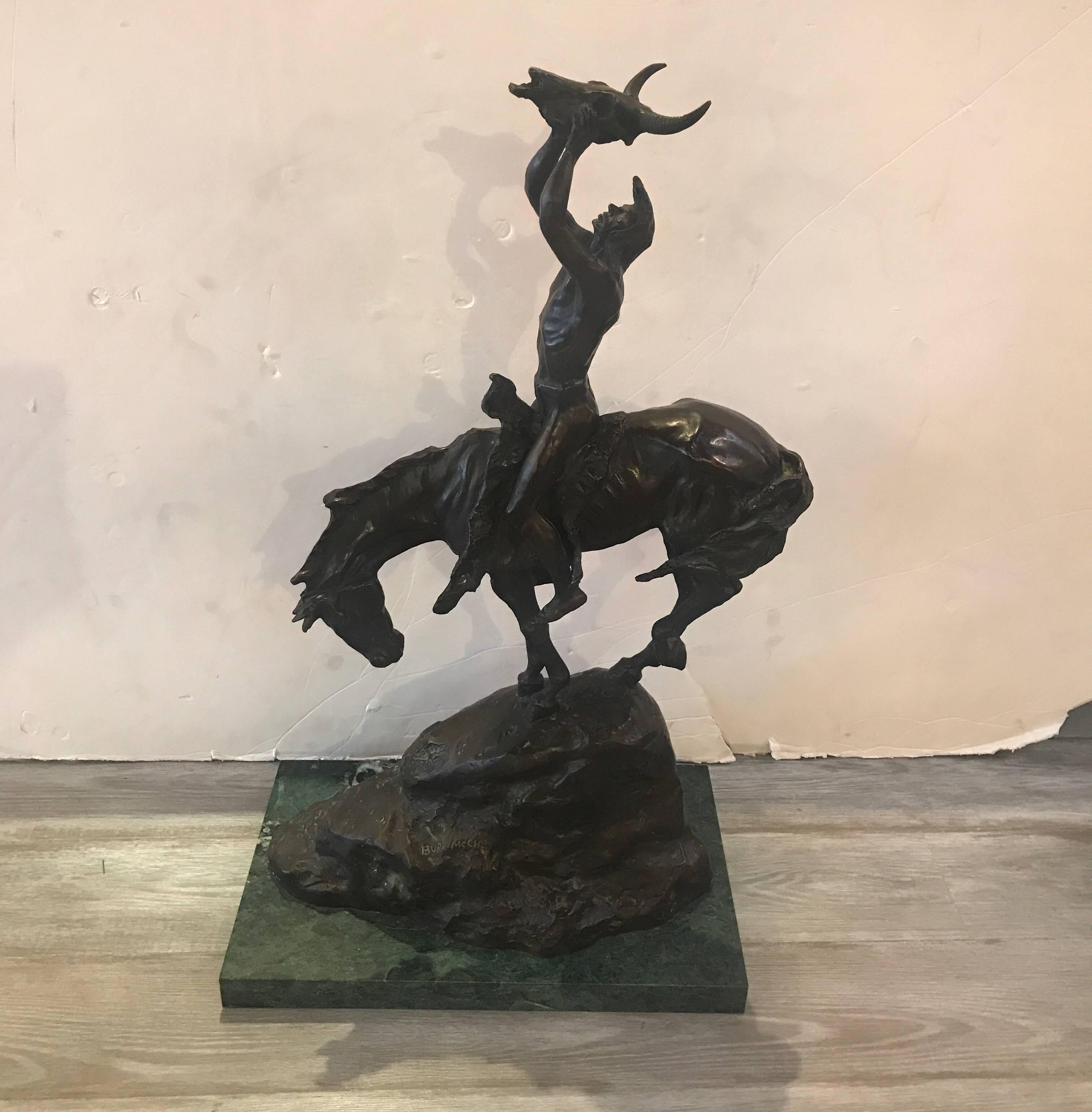 Cast bronze sculpture titles prayer to the healing spirit. This is a 20th century artist, Burk McCain who is known for western style bronze sculptures similar in style to Remington. Signed on base of bronze, the bronze has an attached dark green