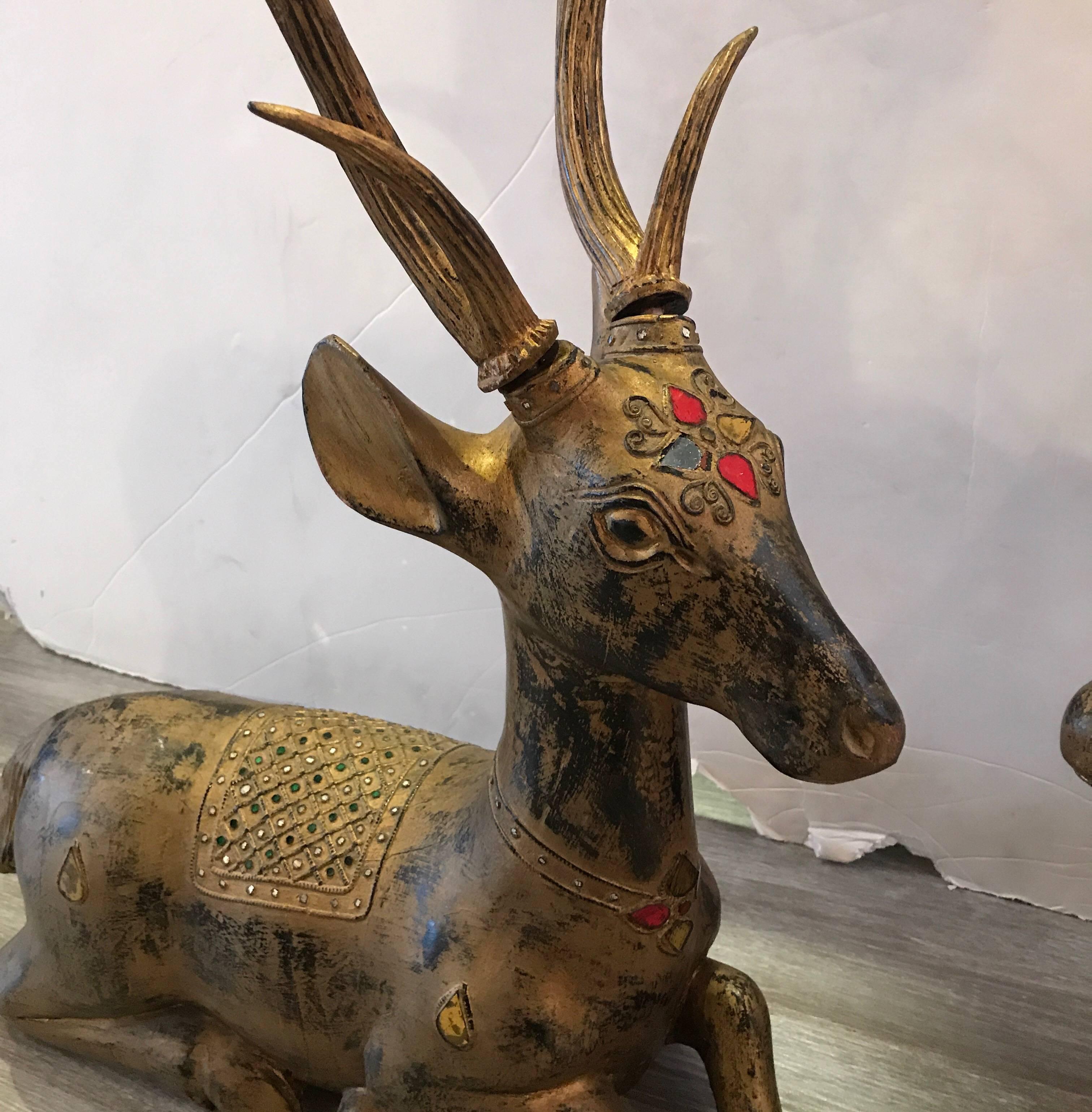20th Century Pair of Thai Hand-Carved and Giltwood Deers