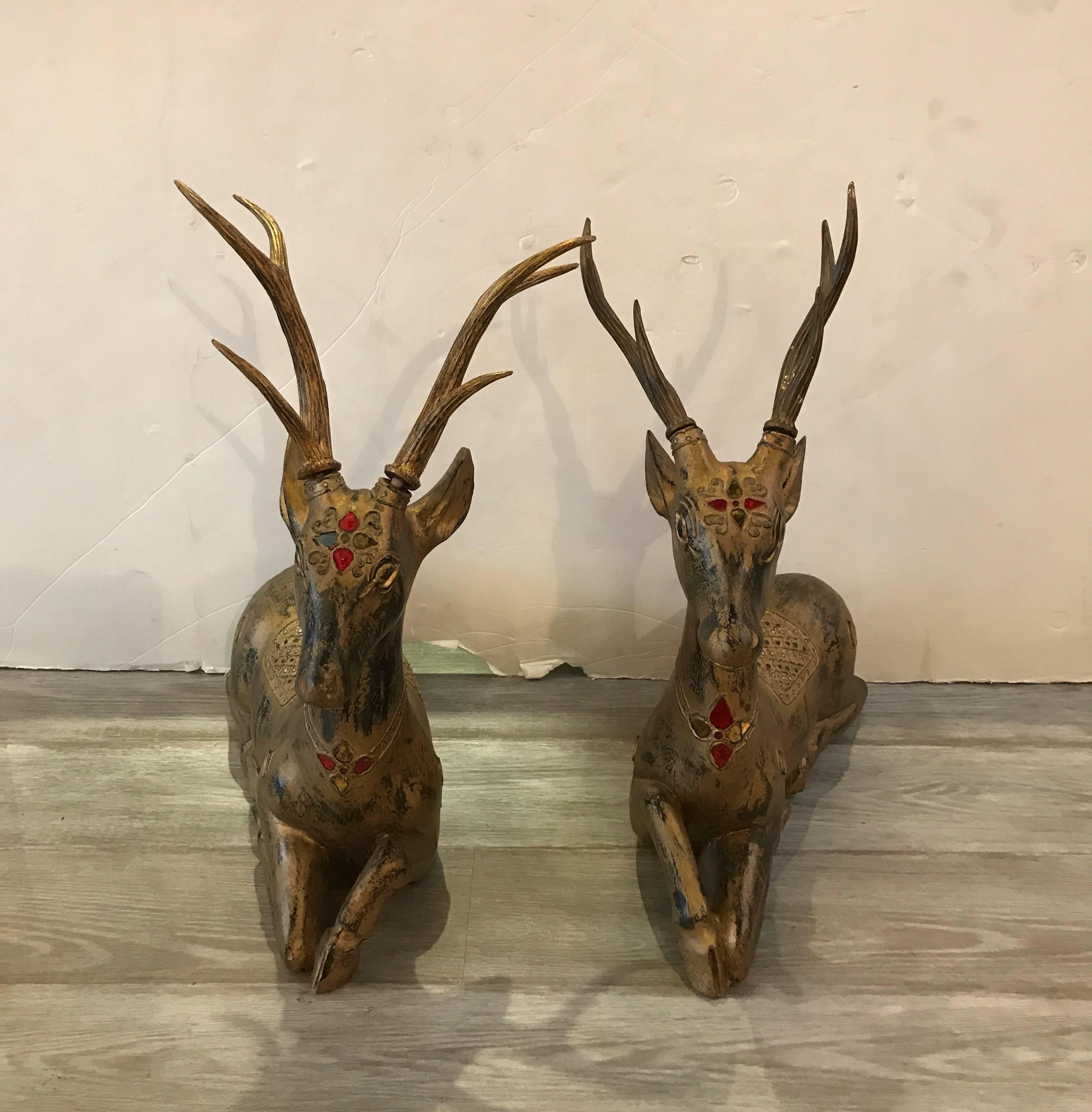 Pair of Thai Hand-Carved and Giltwood Deers 1