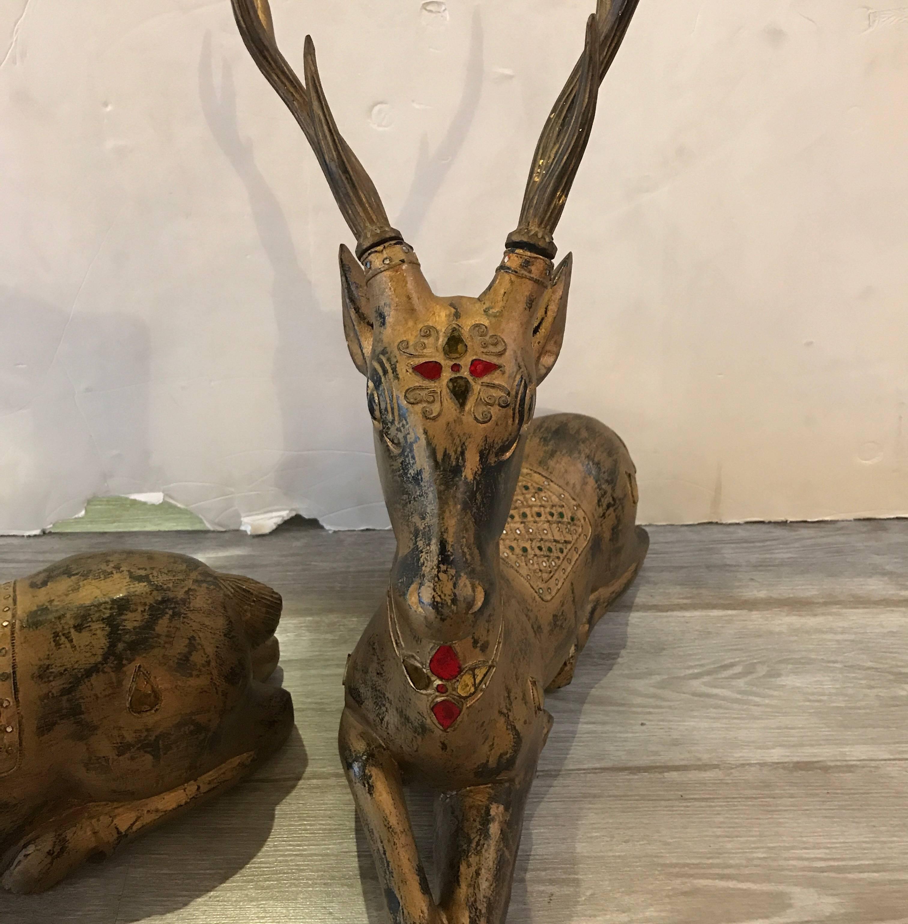 Pair of Thai Hand-Carved and Giltwood Deers 3