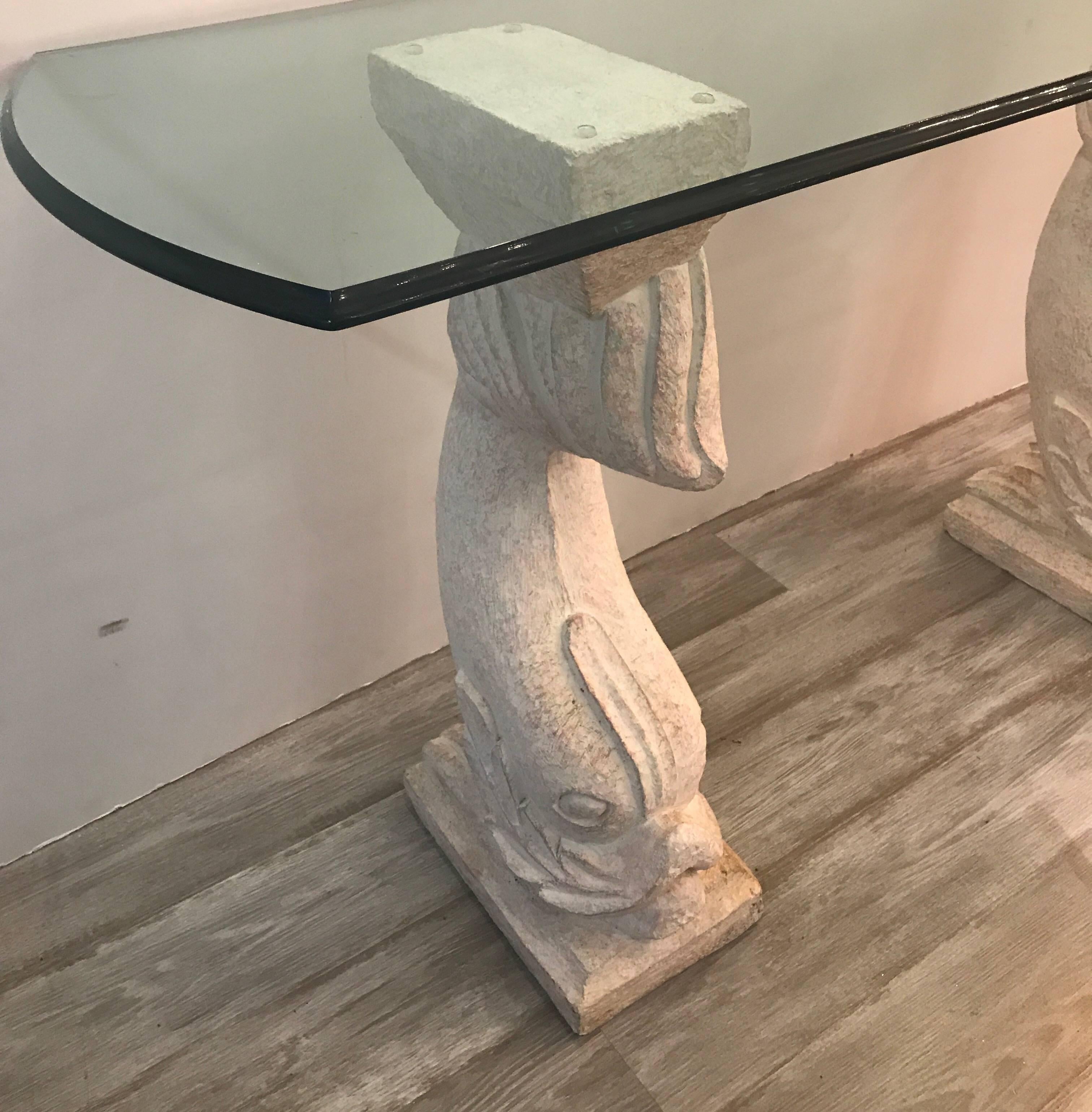 Cultured Stone and Glass Dolphin Motif Console Table  In Excellent Condition In Lambertville, NJ
