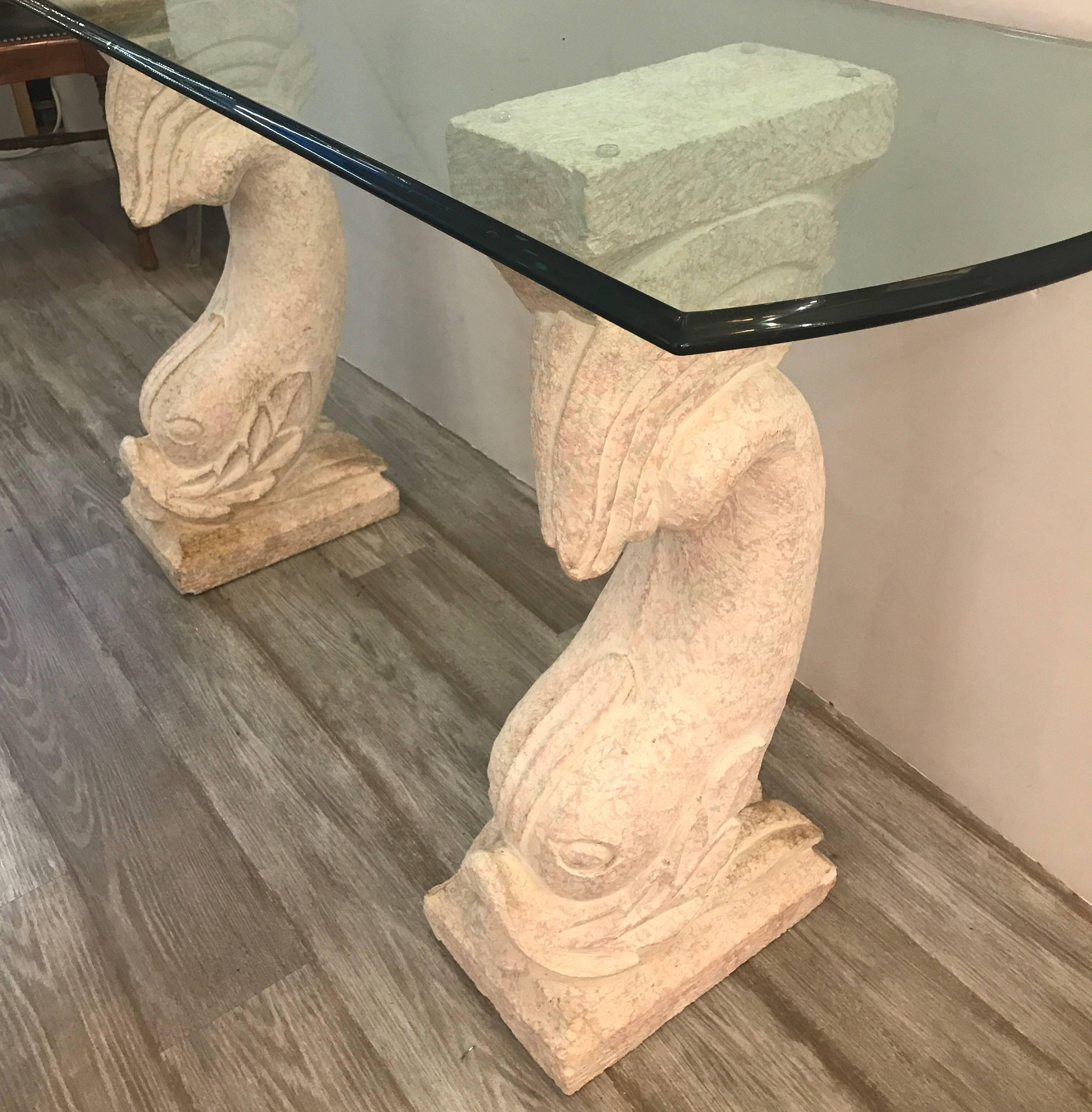 American Cultured Stone and Glass Dolphin Motif Console Table 