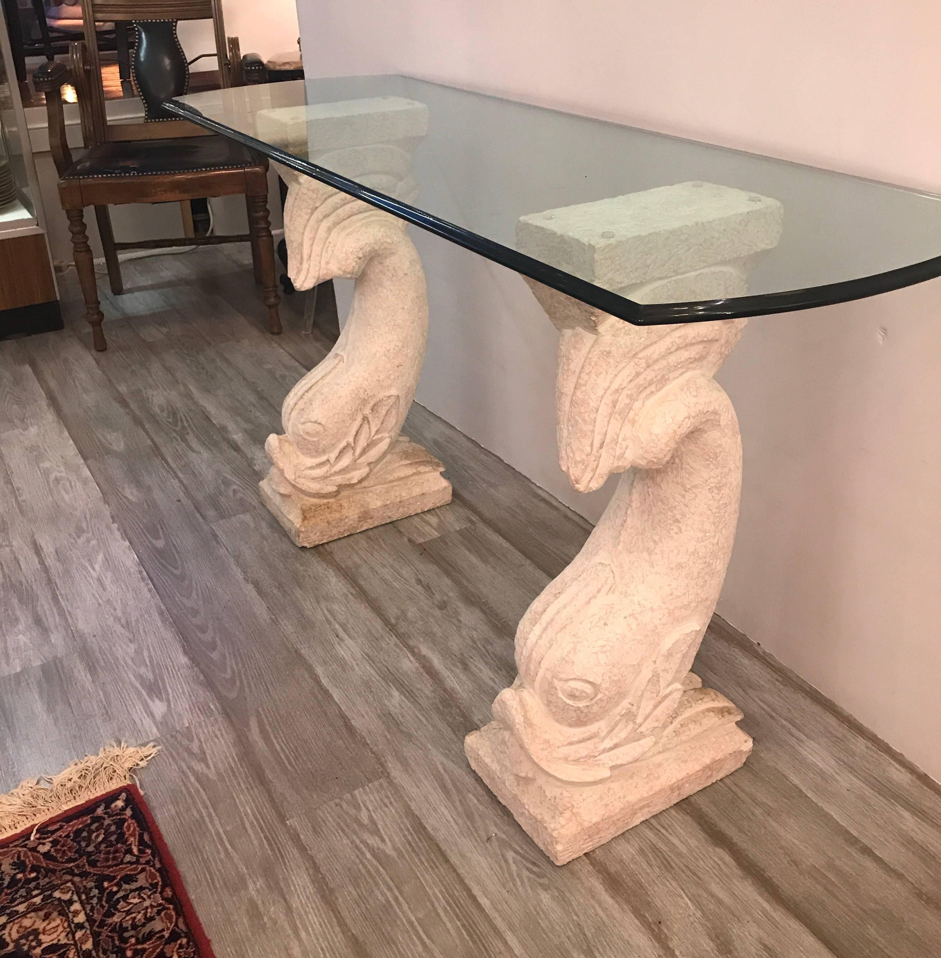 20th Century Cultured Stone and Glass Dolphin Motif Console Table 
