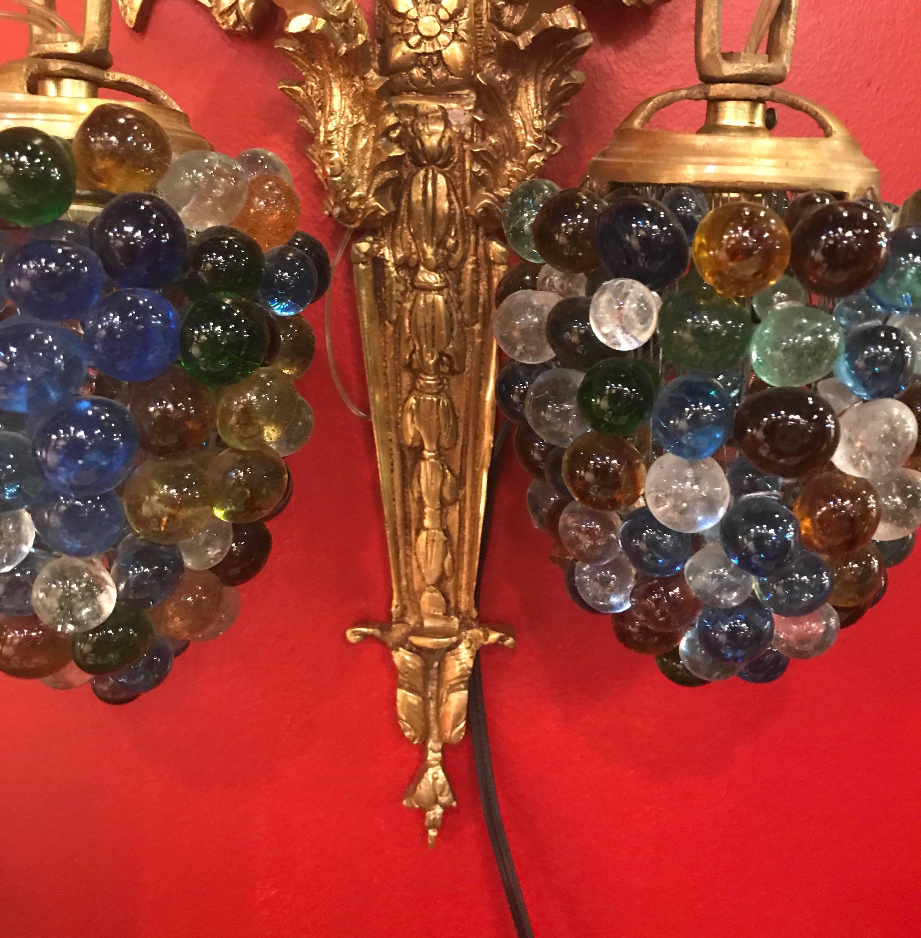 Mid-20th Century Pair of Italian Gilt Brass and Glass Beaded Sconces
