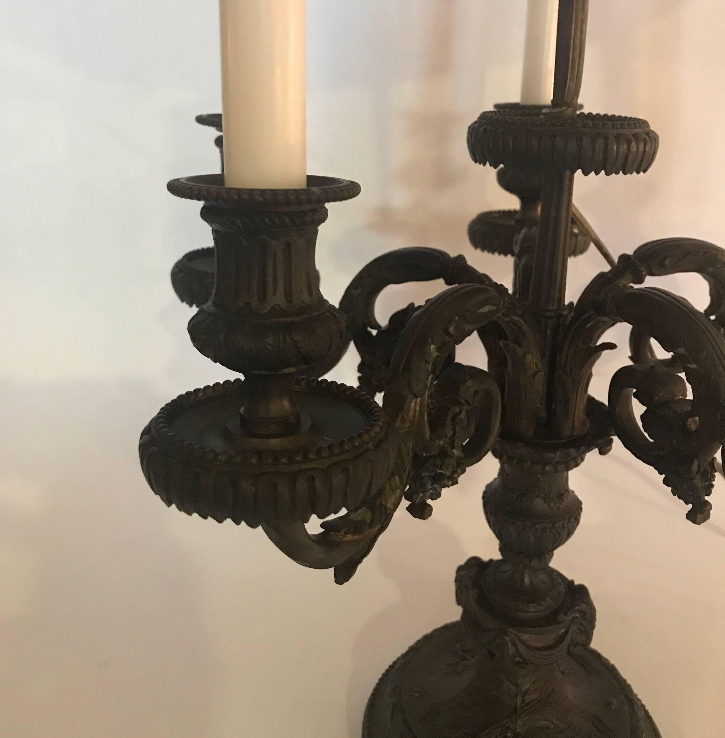 French Cast Patinated Bronze Candelabra Lamp with Tole Shade