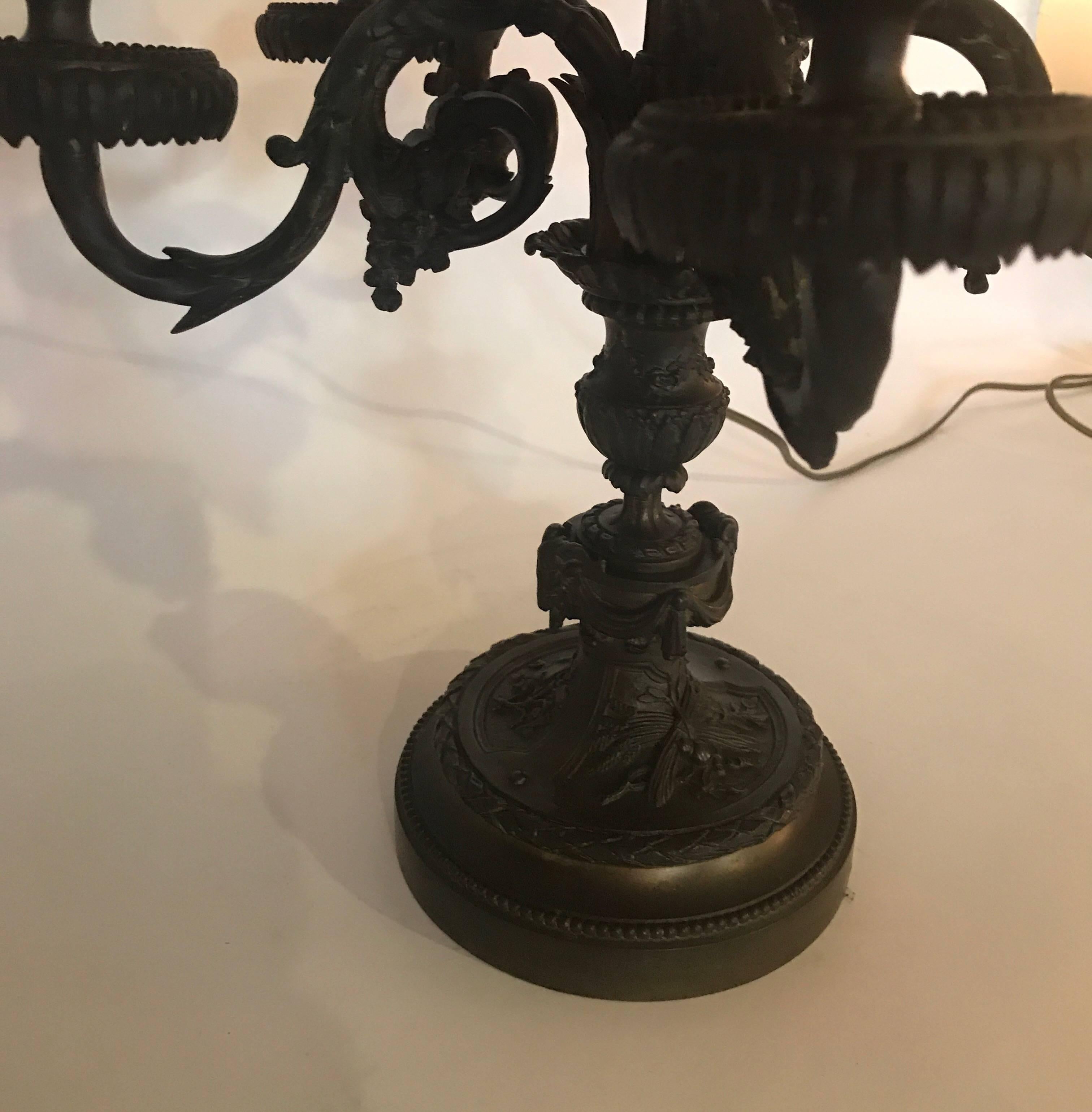 19th Century Cast Patinated Bronze Candelabra Lamp with Tole Shade