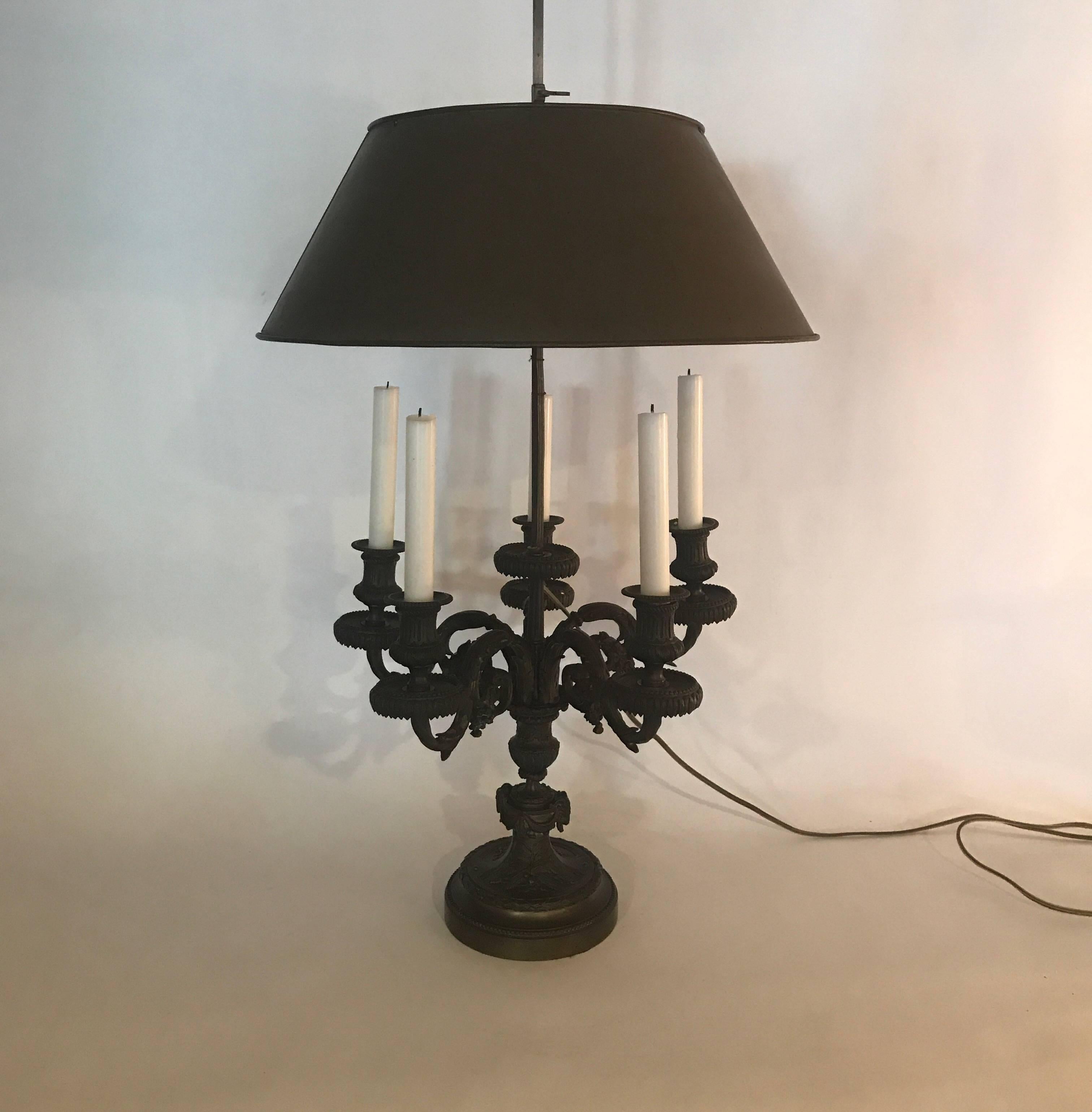 Cast Patinated Bronze Candelabra Lamp with Tole Shade 2