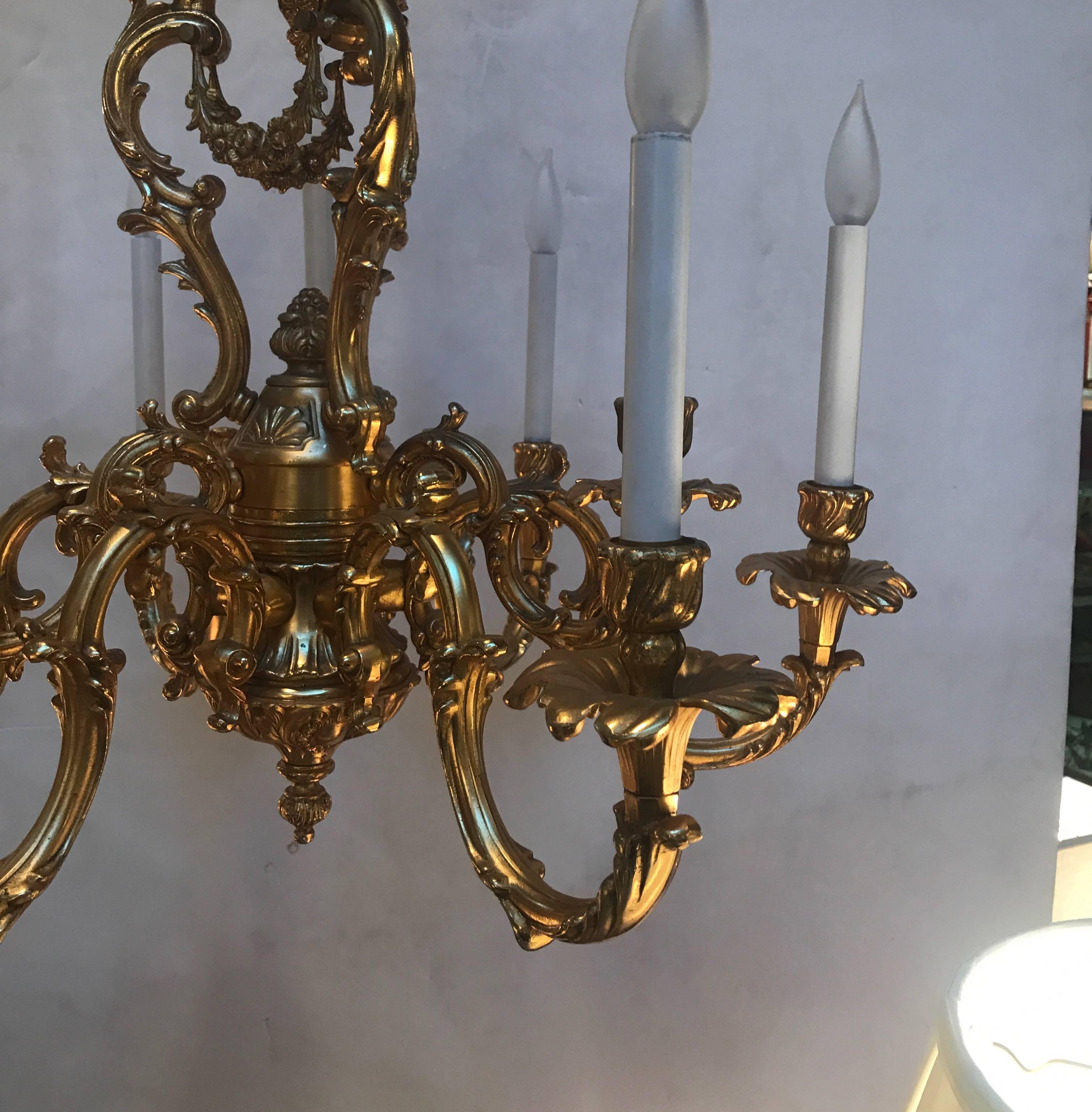 Italian Gilt Bronze Rococo Chandelier  In Excellent Condition In Lambertville, NJ