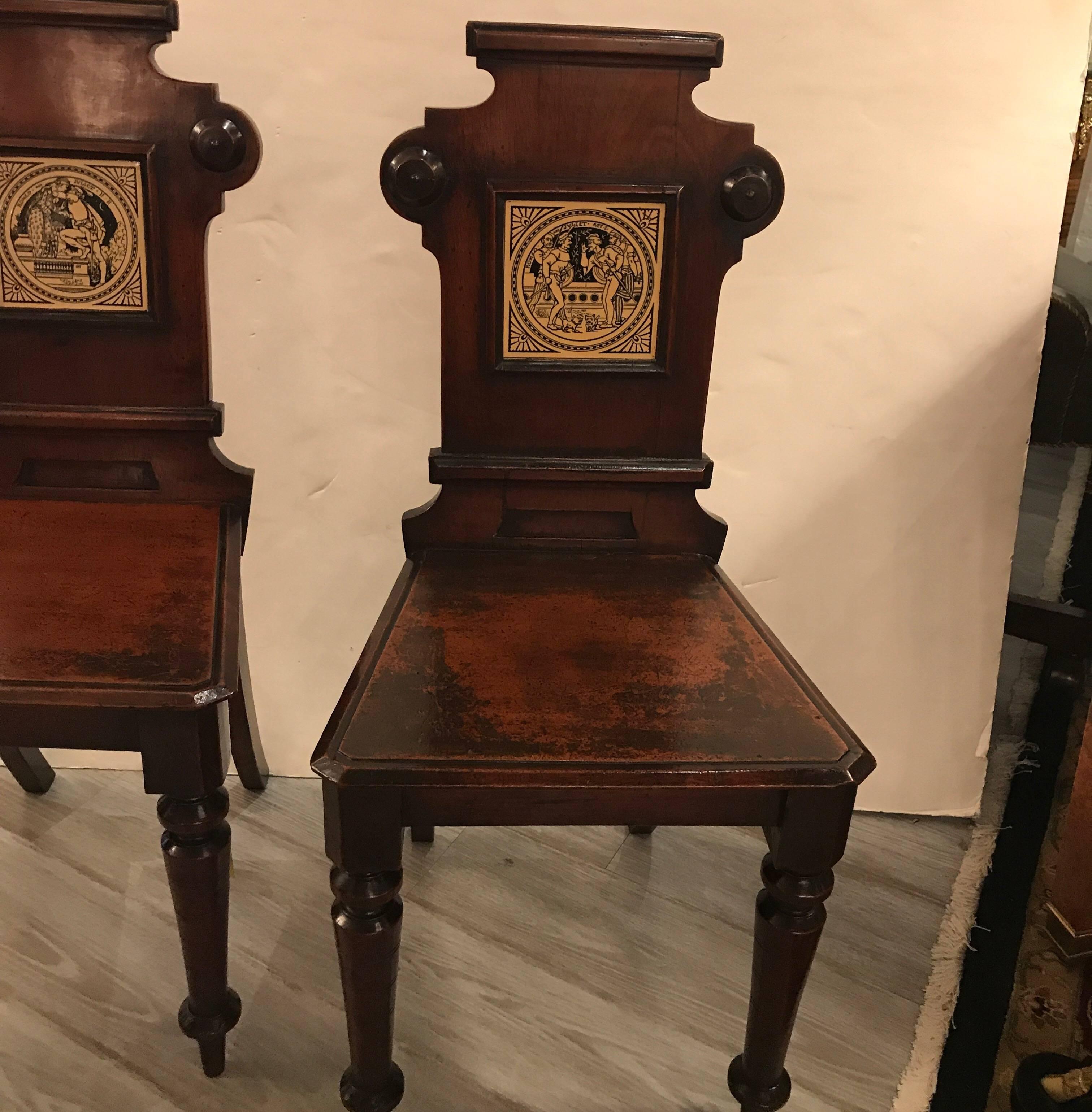 A pair of 19th Century English hall chairs with Minton Tiles In Excellent Condition In Lambertville, NJ